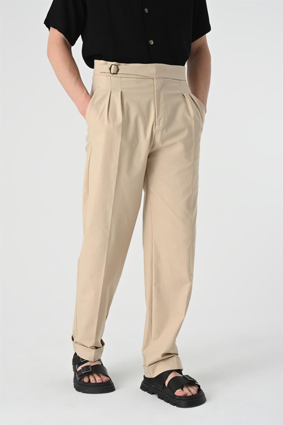 ارتفاع الخصر مشبك التفاصيل مطوي بنطلون للرجال