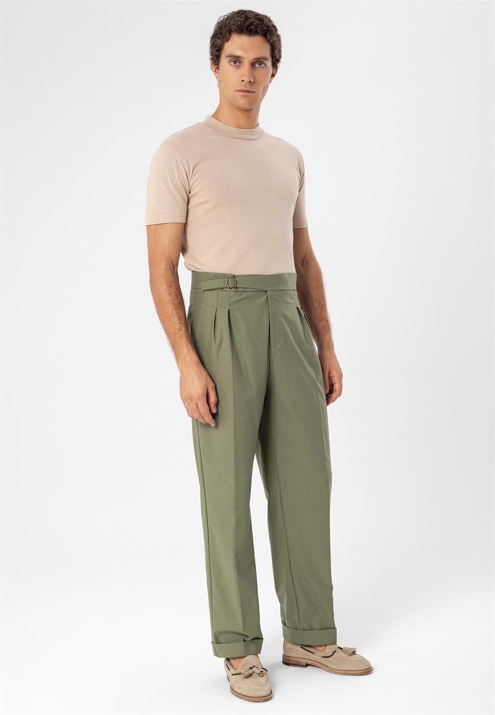 ارتفاع الخصر مشبك التفاصيل مطوي بنطلون للرجال