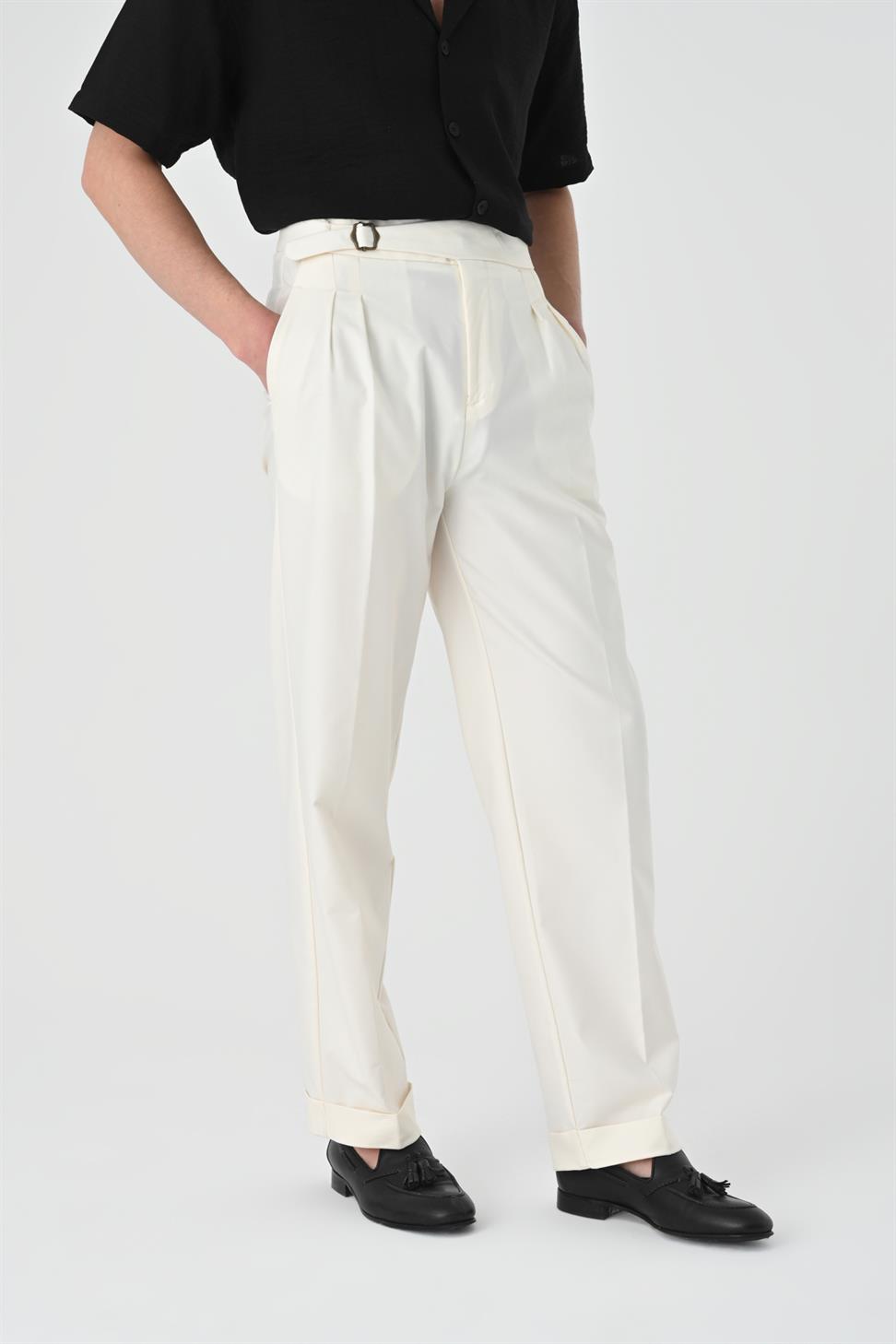 ارتفاع الخصر مشبك التفاصيل مطوي بنطلون للرجال