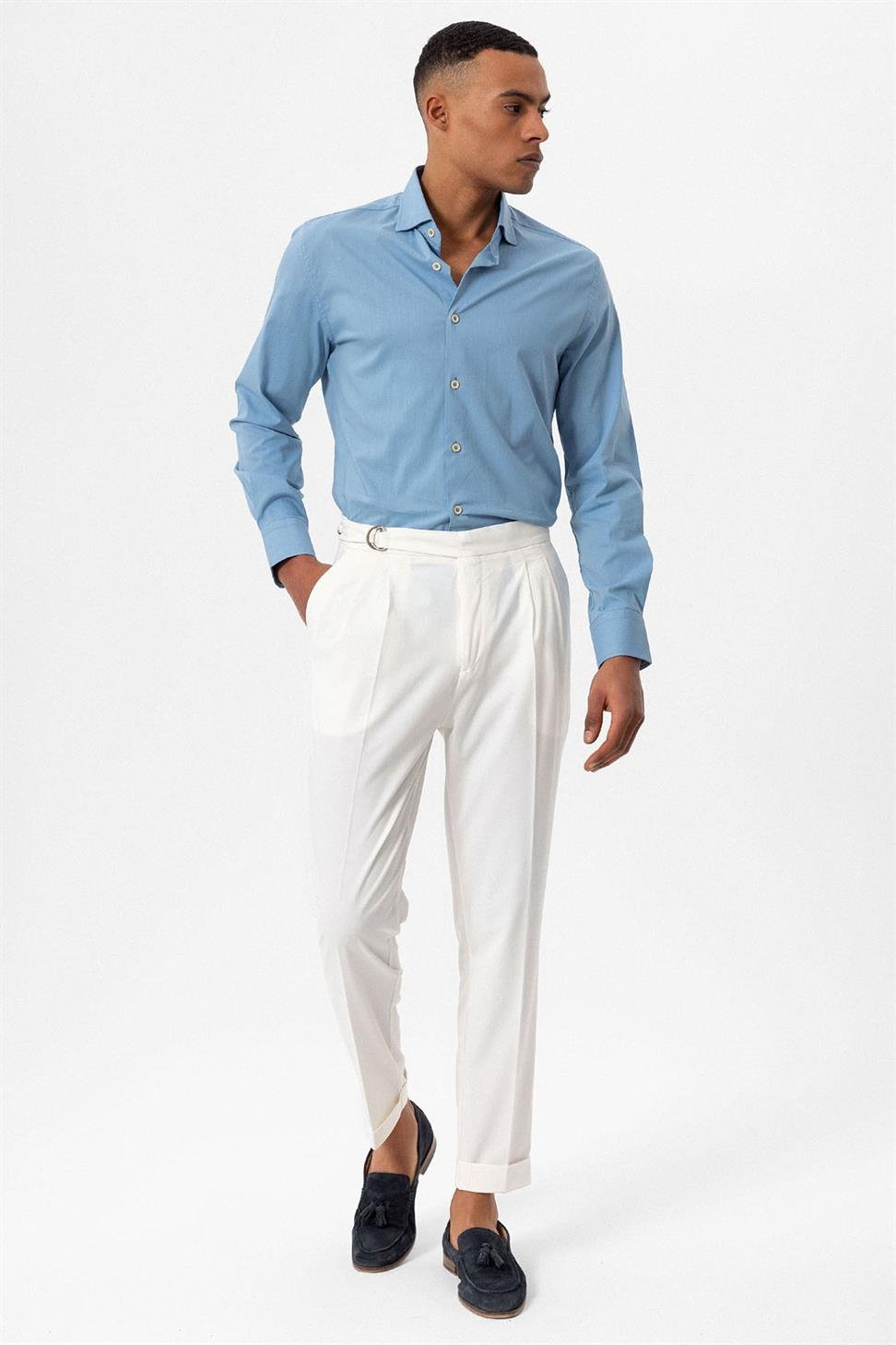 ارتفاع الخصر مشبك إغلاق سراويل الرجال مطوي