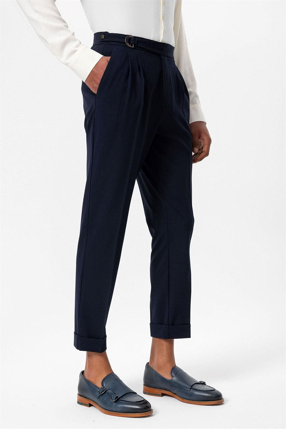 ارتفاع الخصر مشبك إغلاق سراويل الرجال مطوي