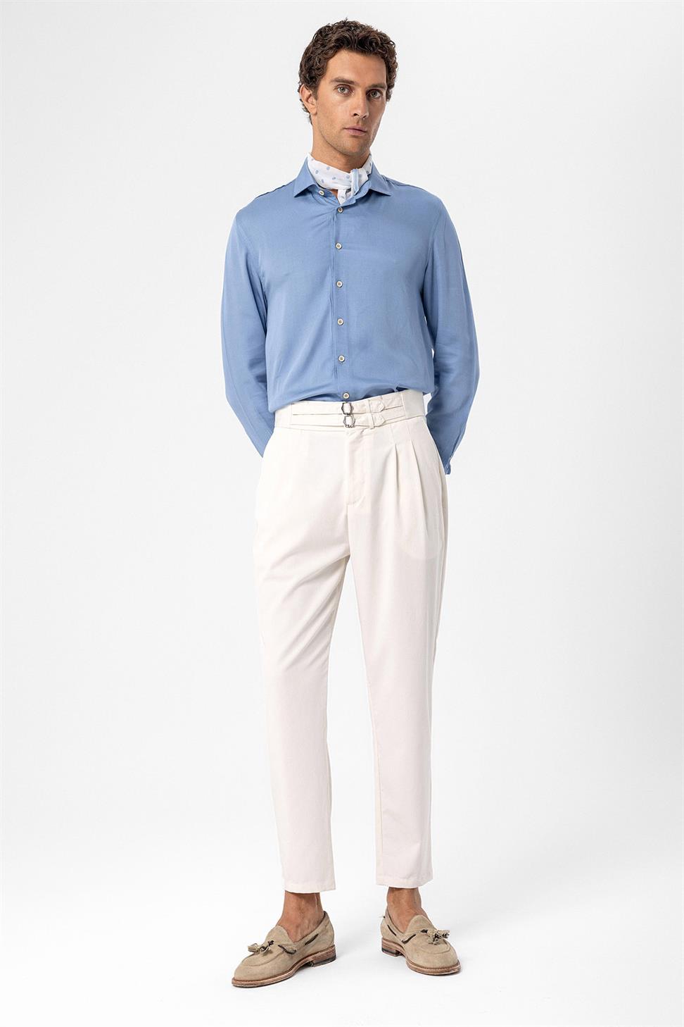 بنطلون قماش مطوي بحزام بإبزيم عالي الخصر