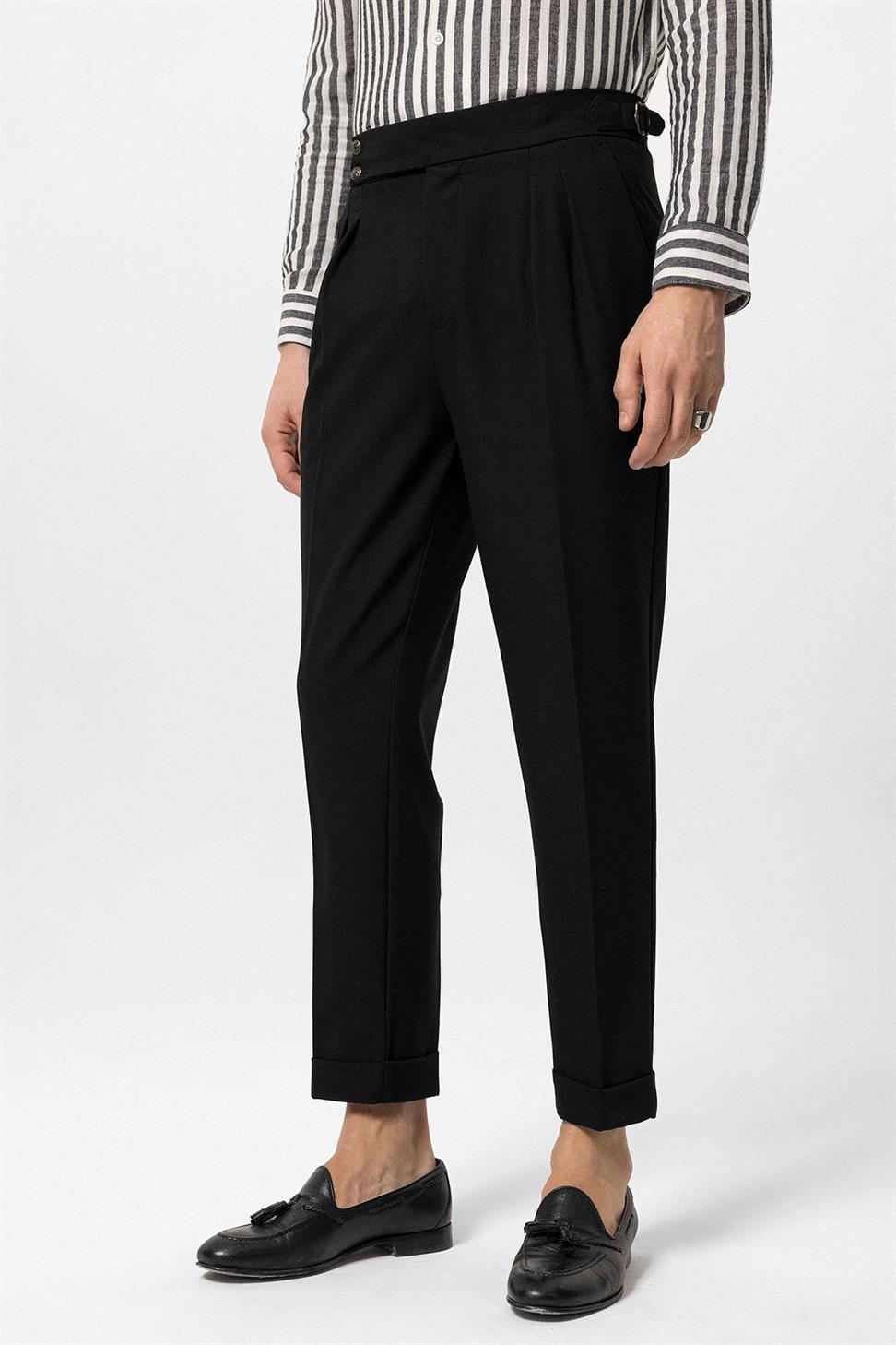 بنطلون قماش مطوي بإبزيم جانبي عالي الخصر