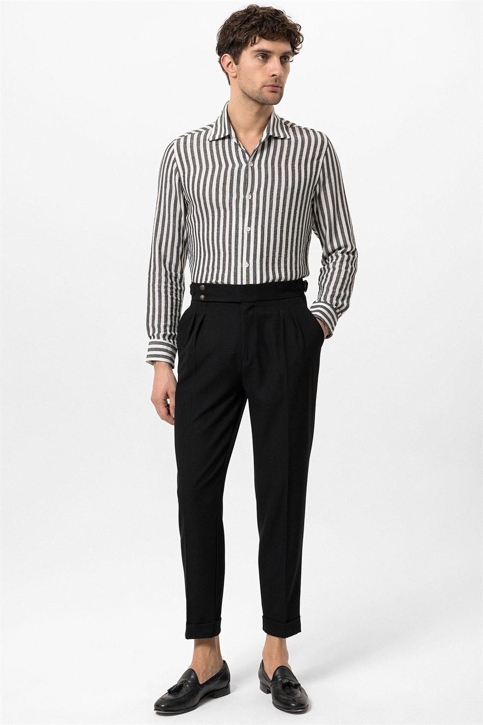 بنطلون قماش مطوي بإبزيم جانبي عالي الخصر