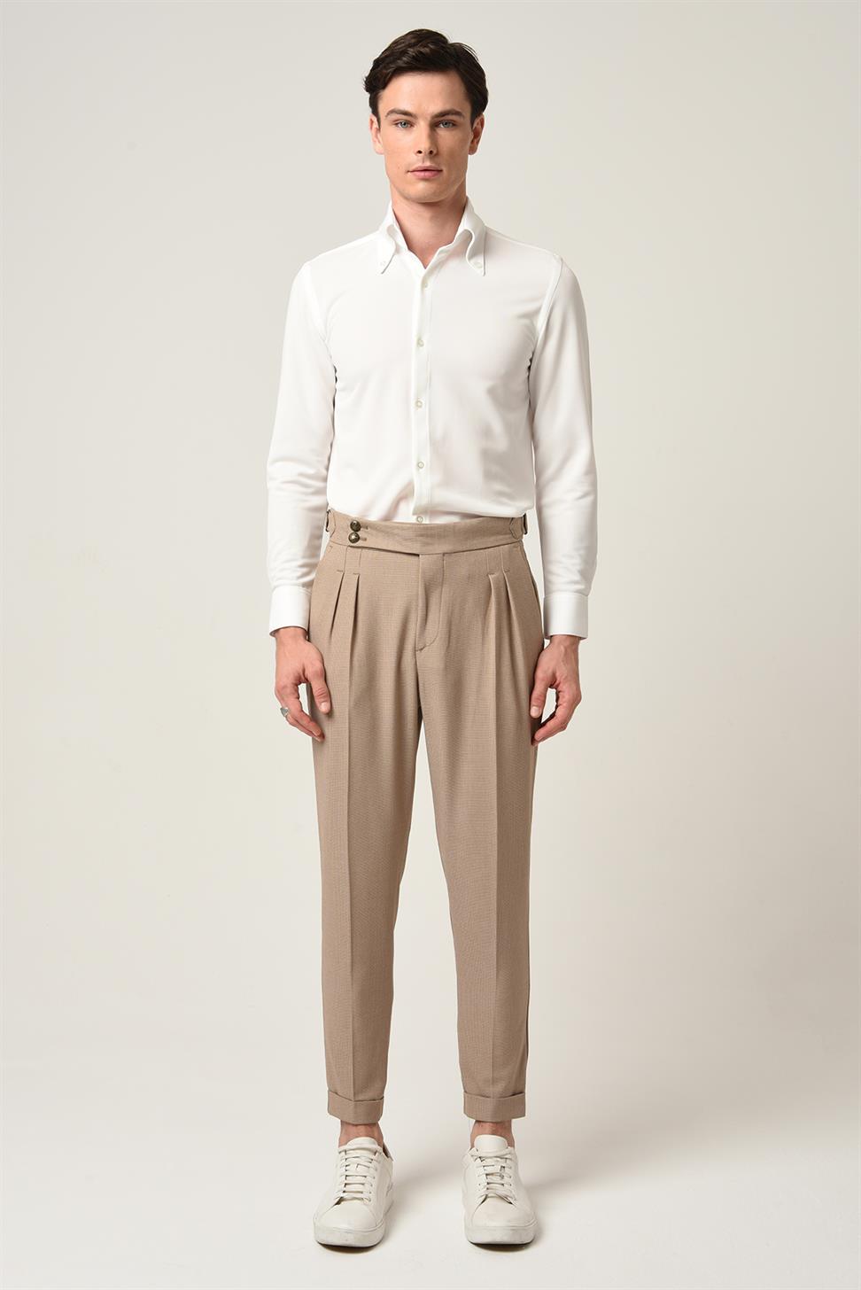 بنطلون قماش مطوي بإبزيم جانبي عالي الخصر