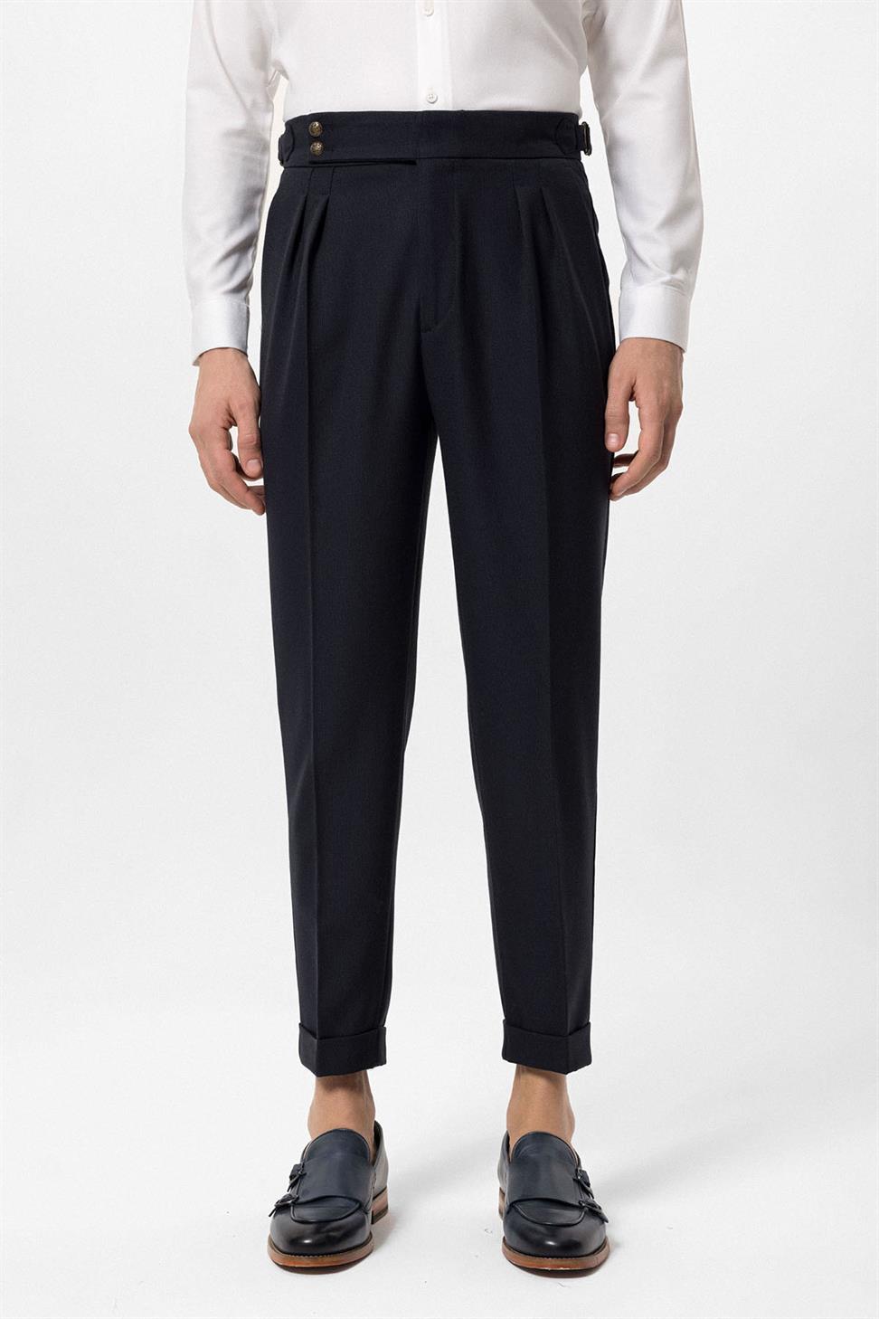 بنطلون قماش مطوي بإبزيم جانبي عالي الخصر