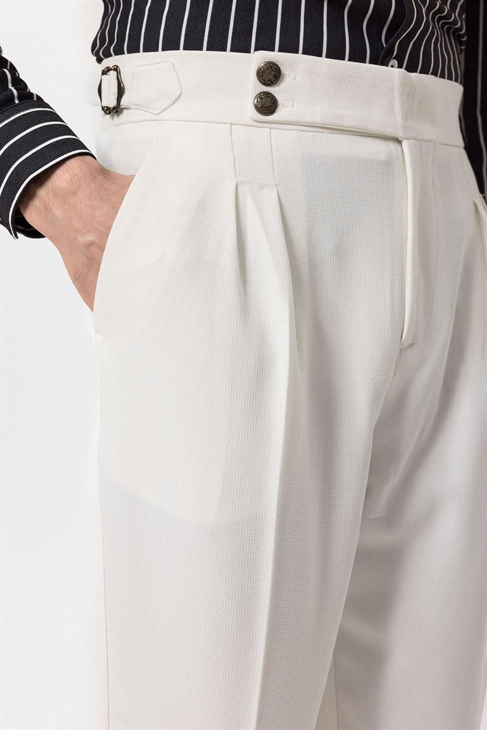 بنطلون قماش مطوي بإبزيم جانبي عالي الخصر