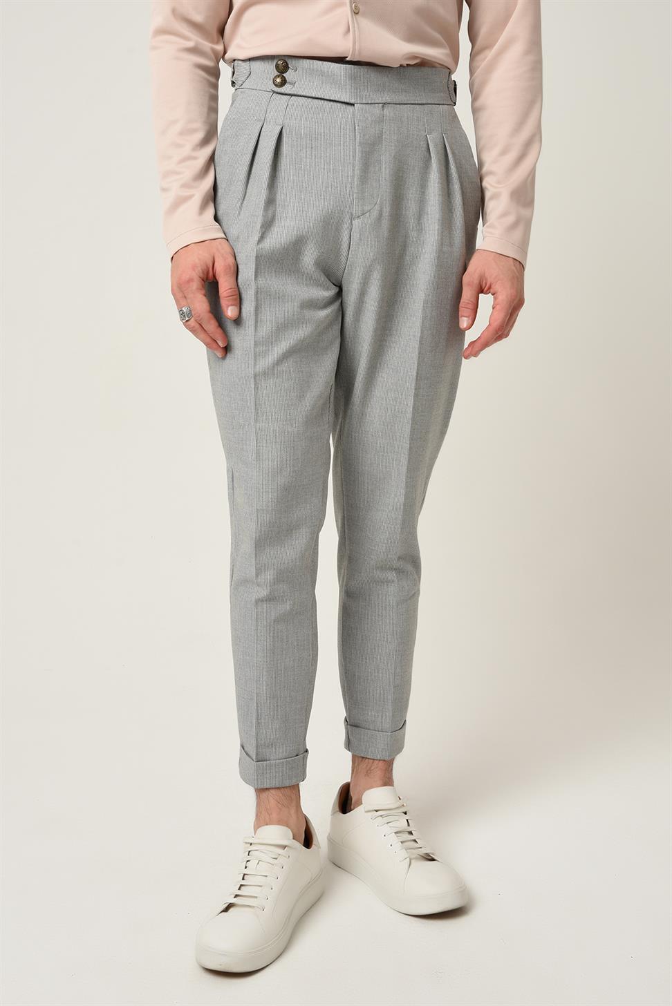 بنطلون قماش مطوي بإبزيم جانبي عالي الخصر