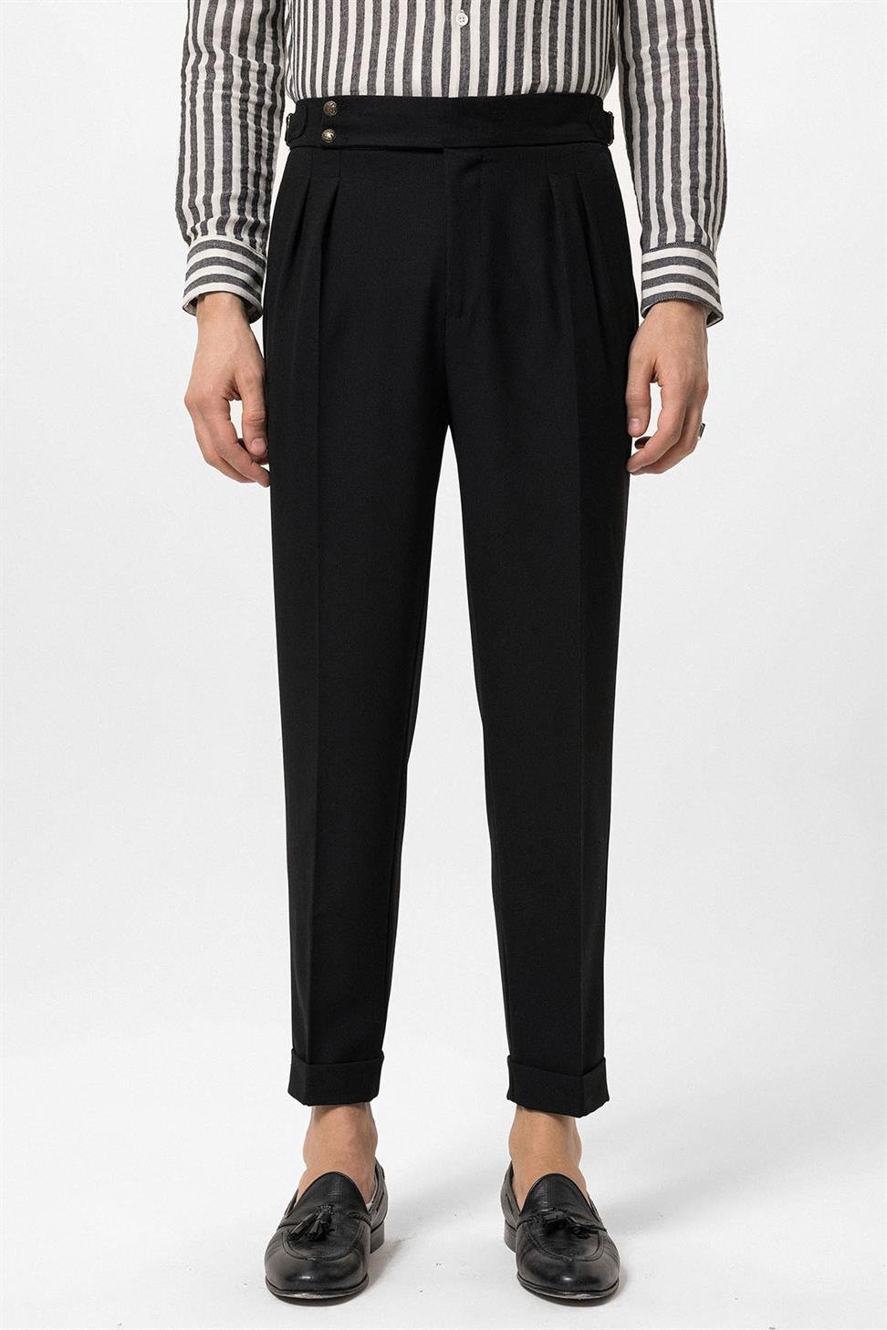 بنطلون قماش مطوي بإبزيم جانبي عالي الخصر