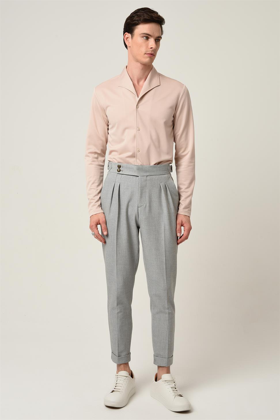 بنطلون قماش مطوي بإبزيم جانبي عالي الخصر