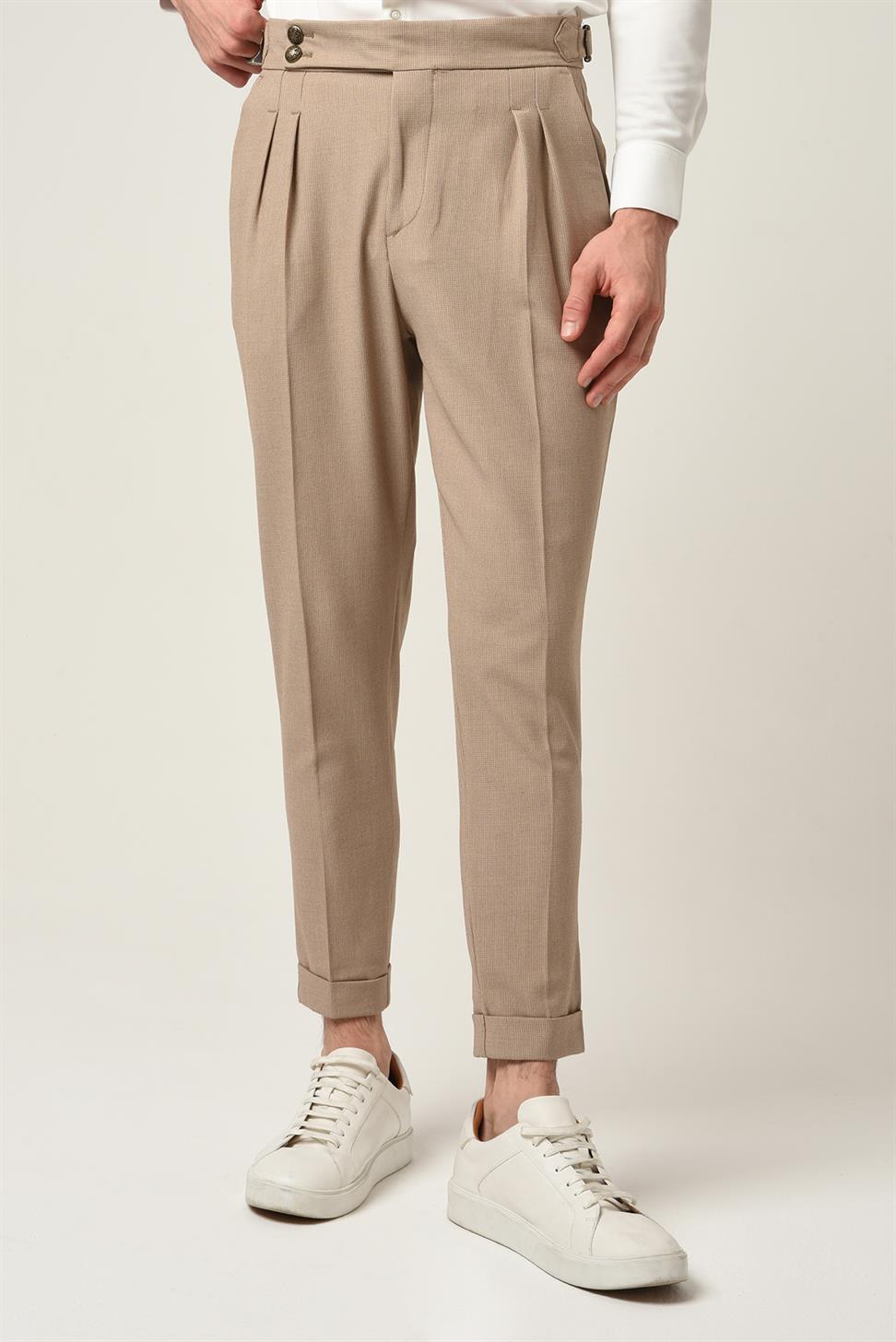 بنطلون قماش مطوي بإبزيم جانبي عالي الخصر