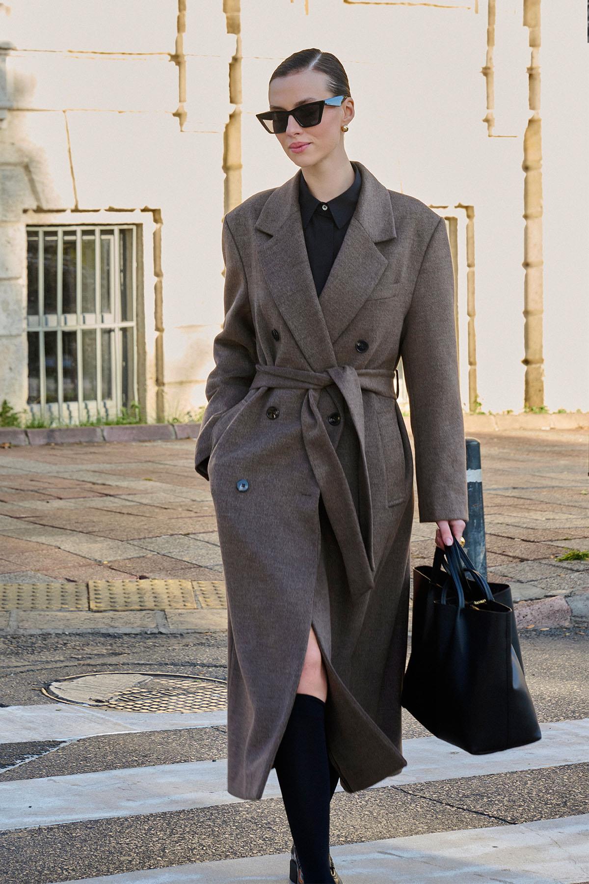 Antioch Açık Kahve Kadın Kuşaklı Kruvaze Kaban