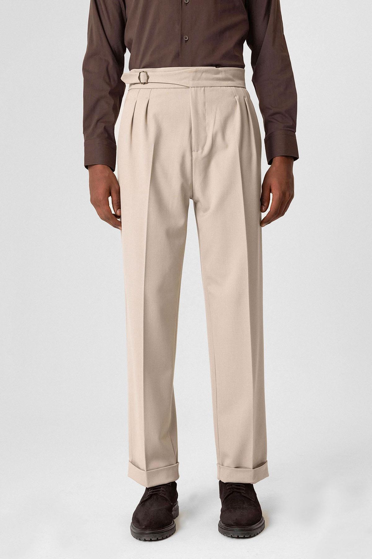 Buckle Detailed Pleated High Waist Men's Trousers