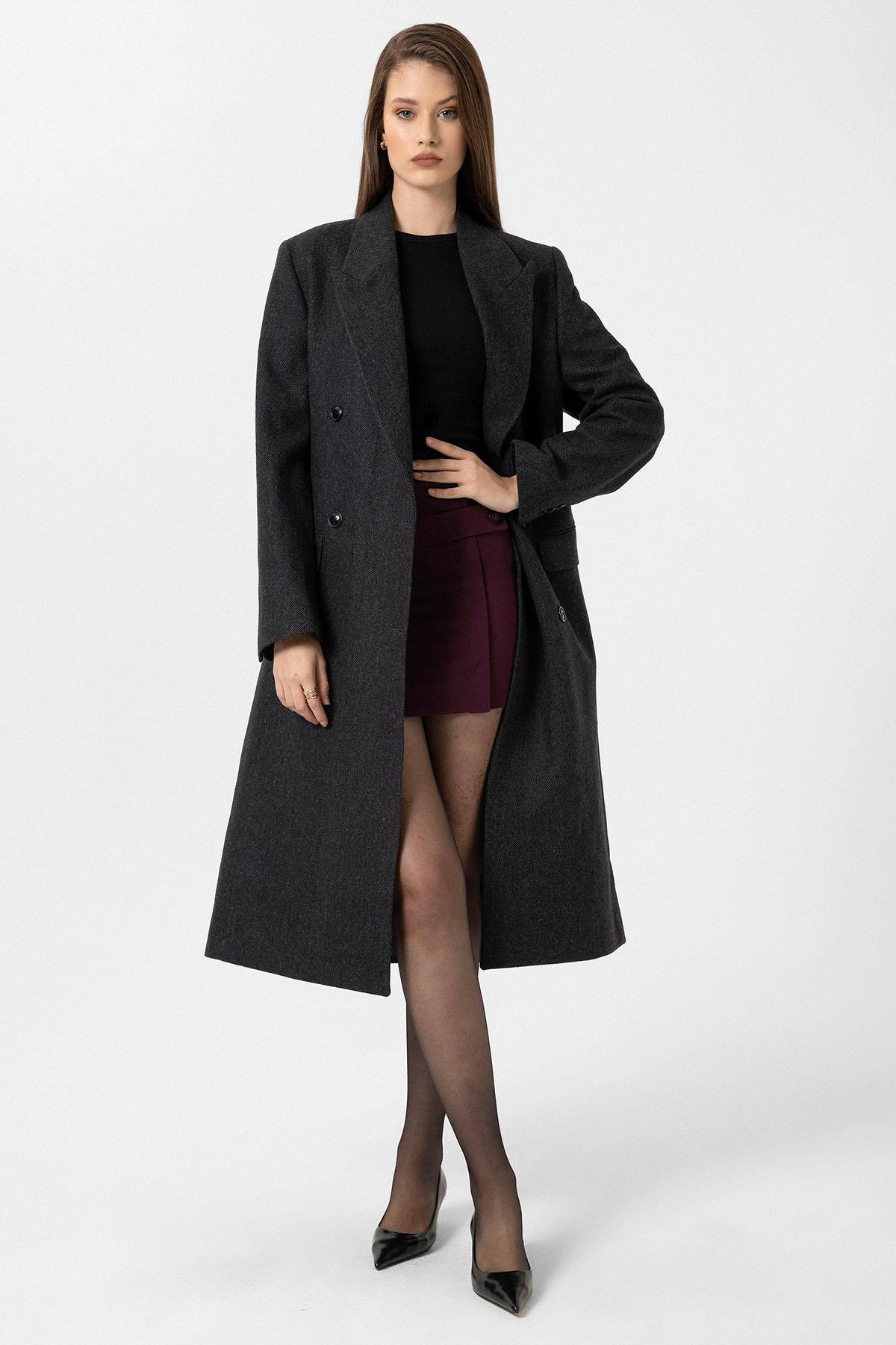 Antioch Antrasit Kadın Balıksırtı Desenli Kruvaze Kaban