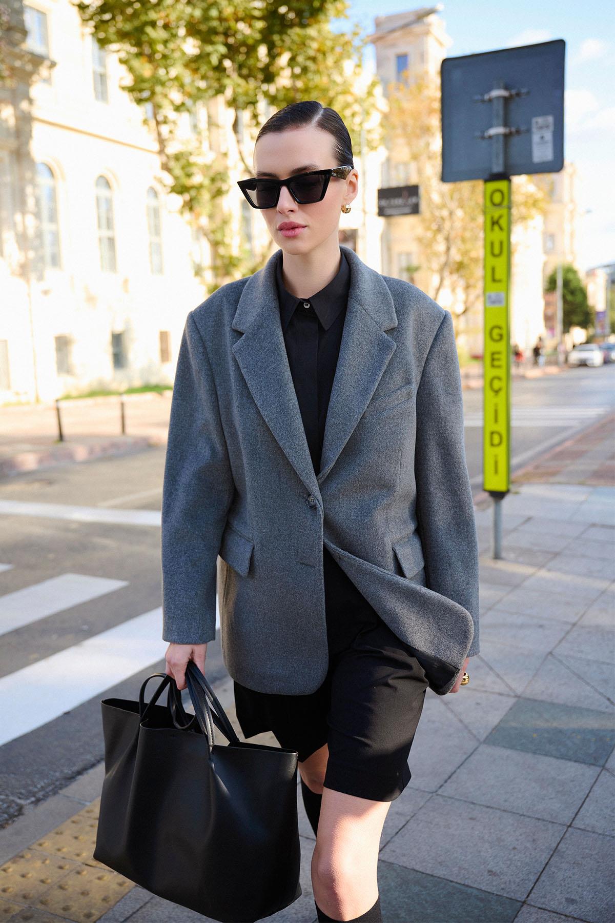 Antioch Antrasit Kadın Yün Karışımlı Blazer Ceket