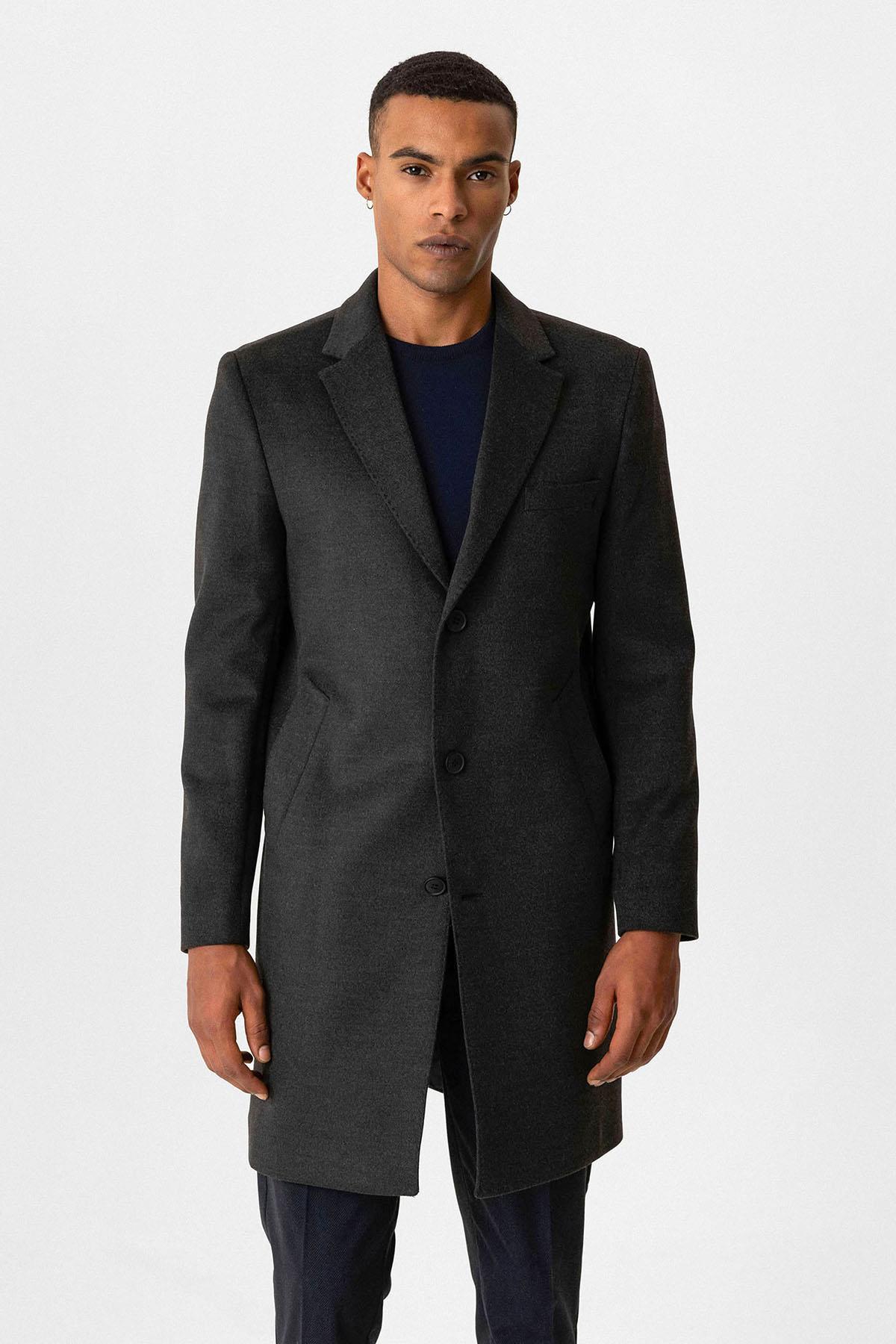 Antioch Antrasit Slim Fit Ceket Yaka Erkek Kaban