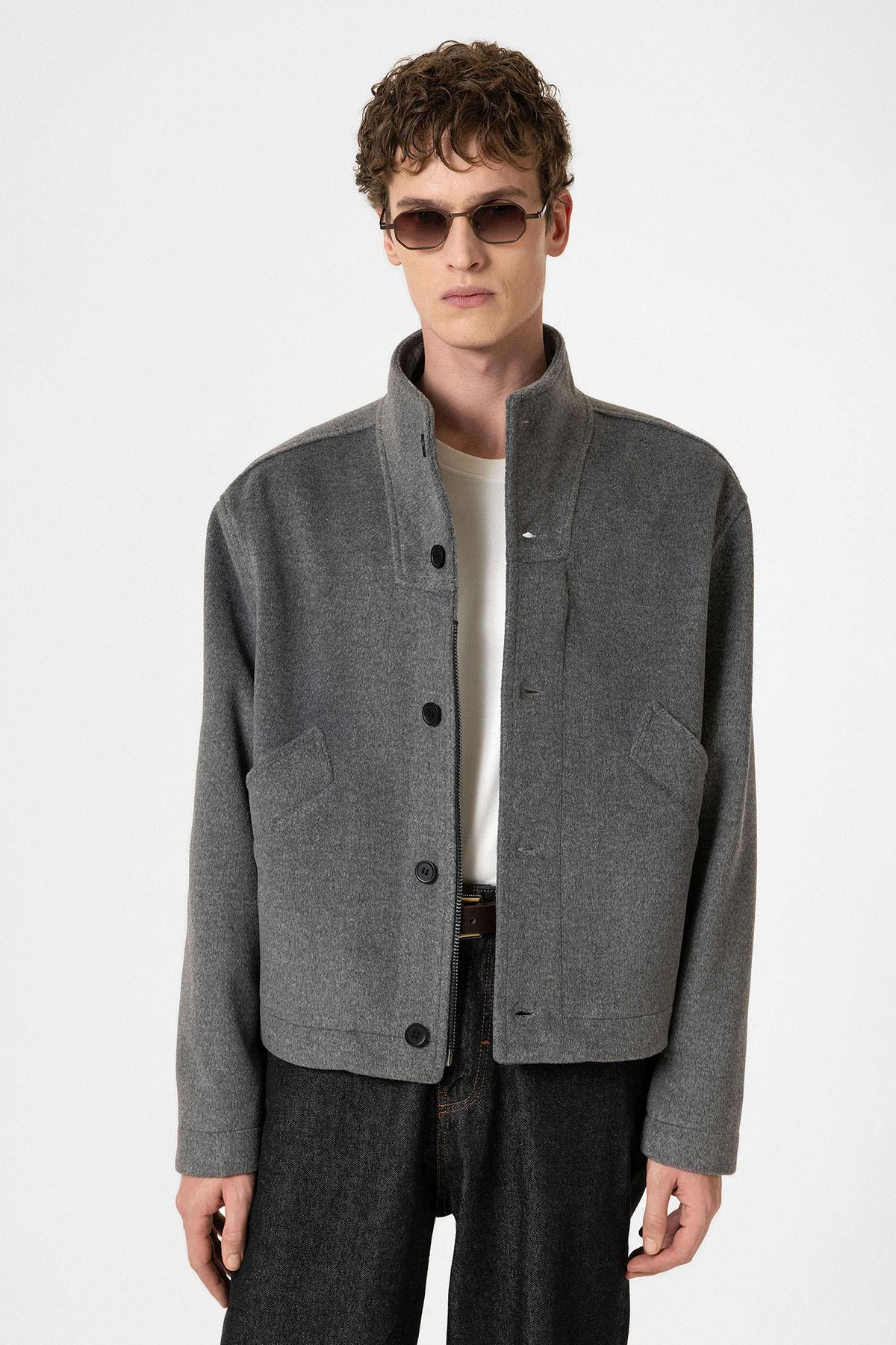 Antioch Antrasit Yün Karışımlı Dik Yaka Erkek Mont