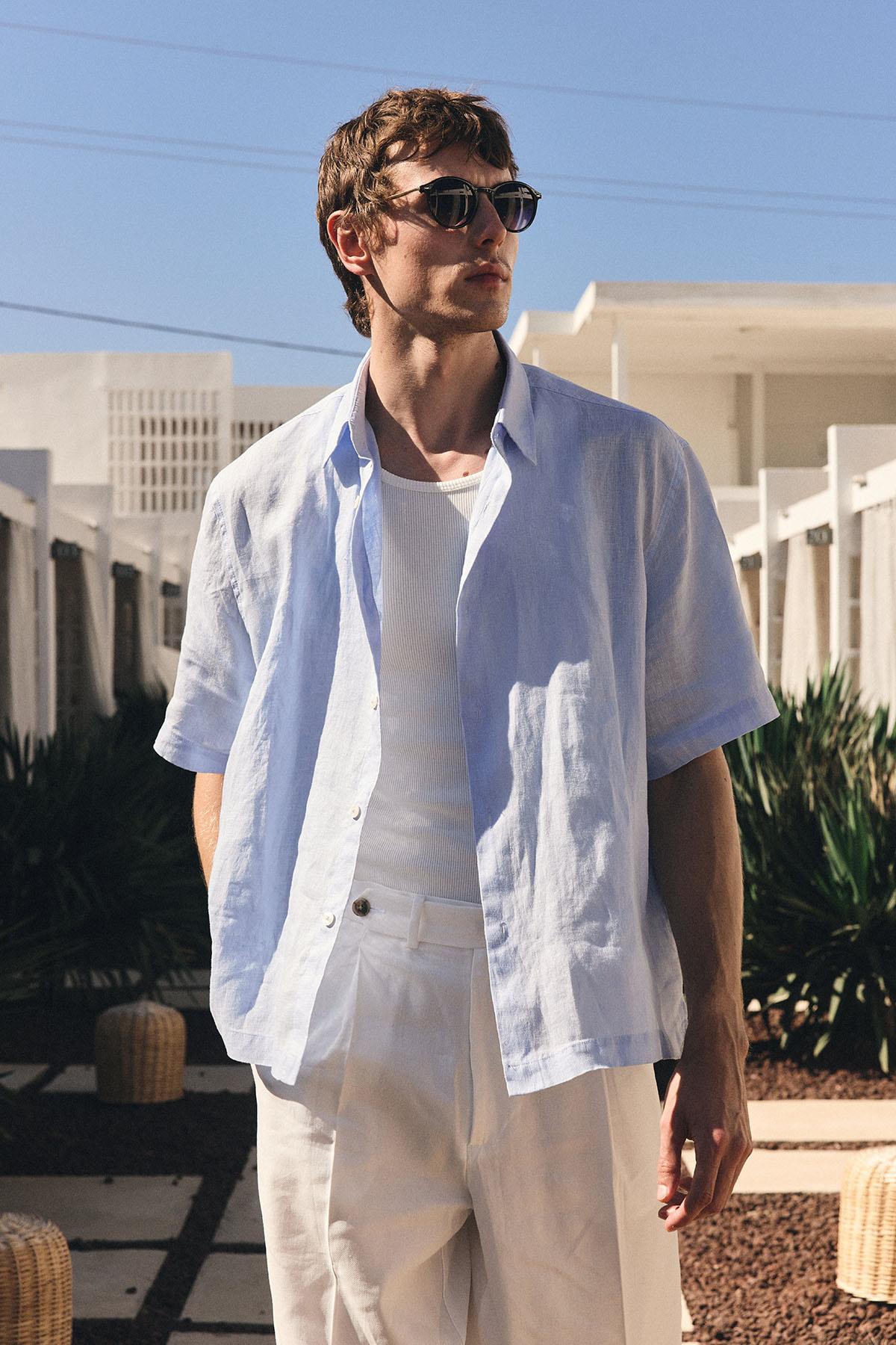 Antioch Bebe Mavi 100% Keten Relaxed Erkek Gömlek