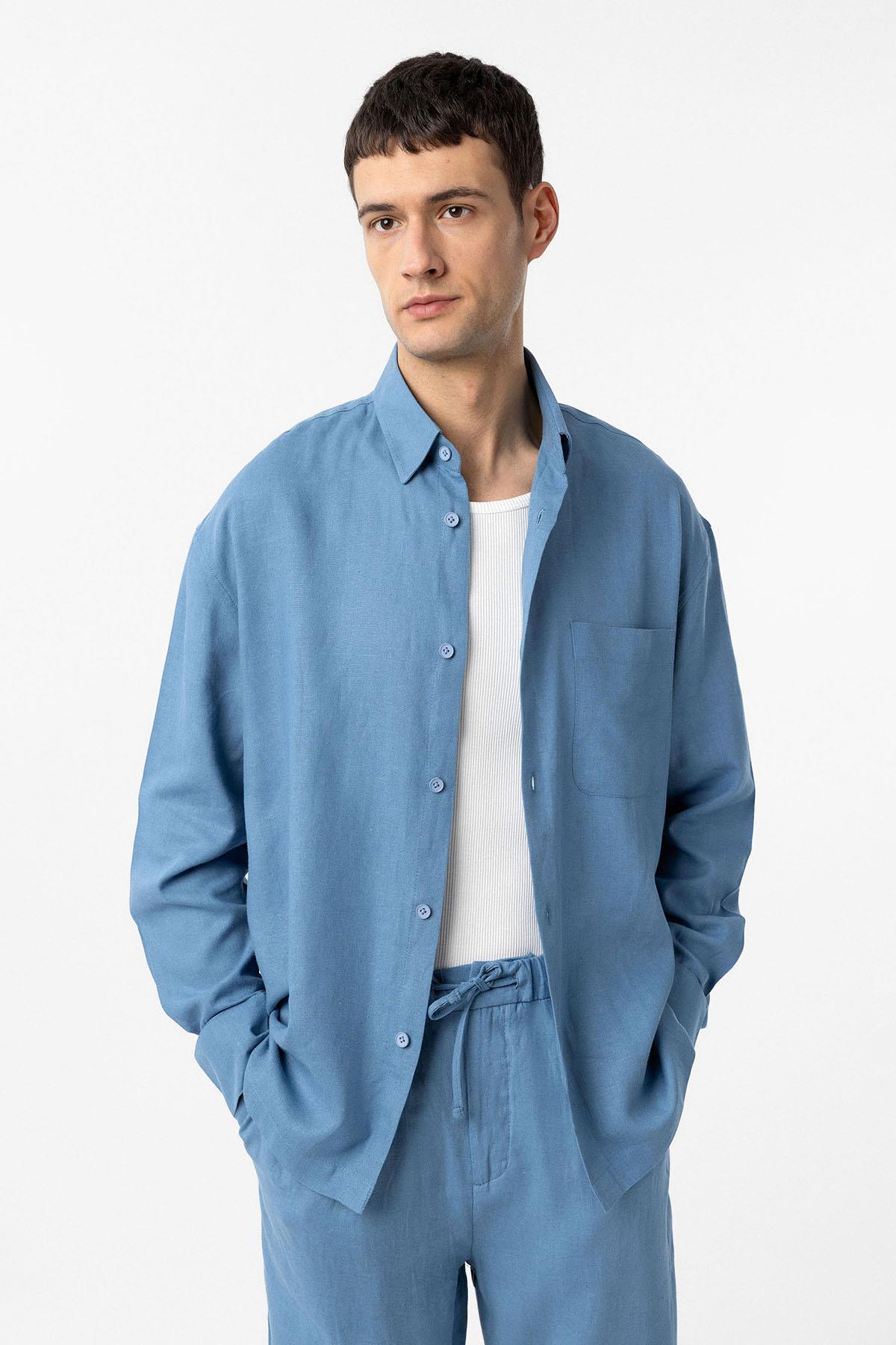 Antioch Bebe Mavi Keten Karışımlı Relax Fit Erkek Gömlek