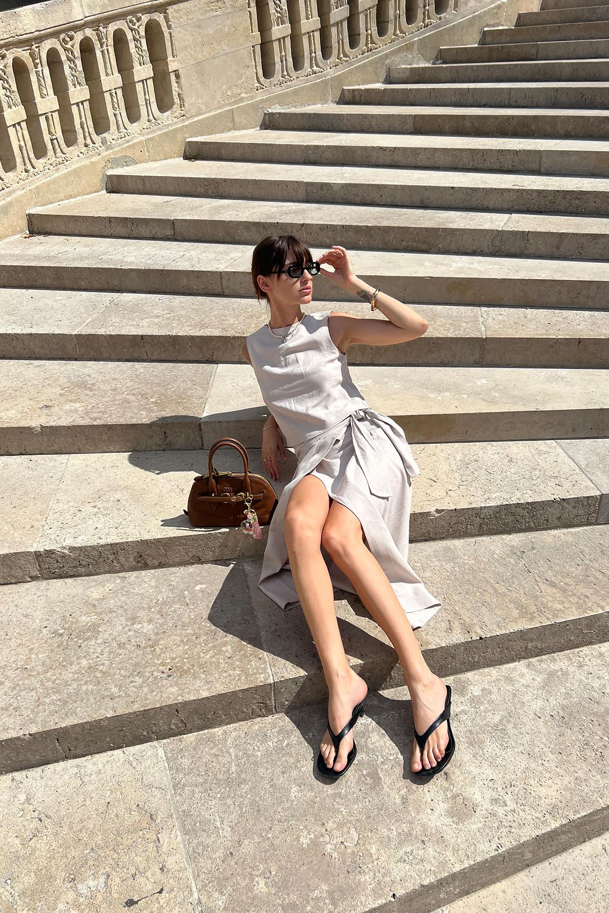 Antioch Bej Keten Karışımlı Kuşaklı Kadın Etek