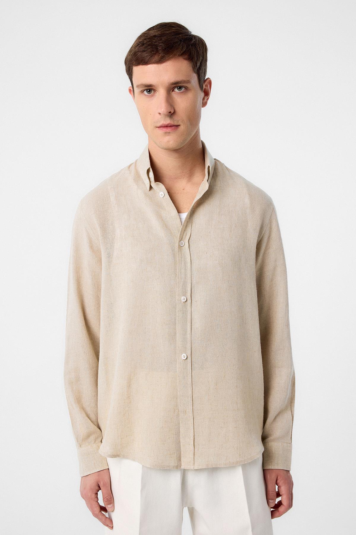 Antioch Bej Keten Karışımlı Yaka Düğmeli Erkek Gömlek