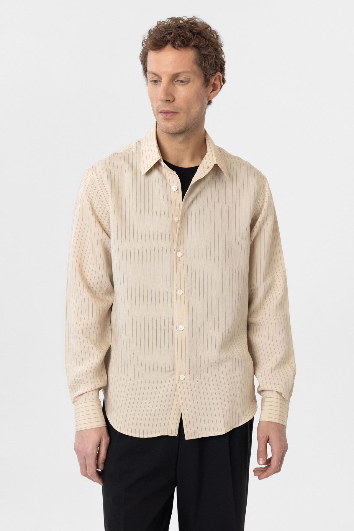 Antioch Bej Modal Kumaş Relax Fit Çizgili Erkek Gömlek