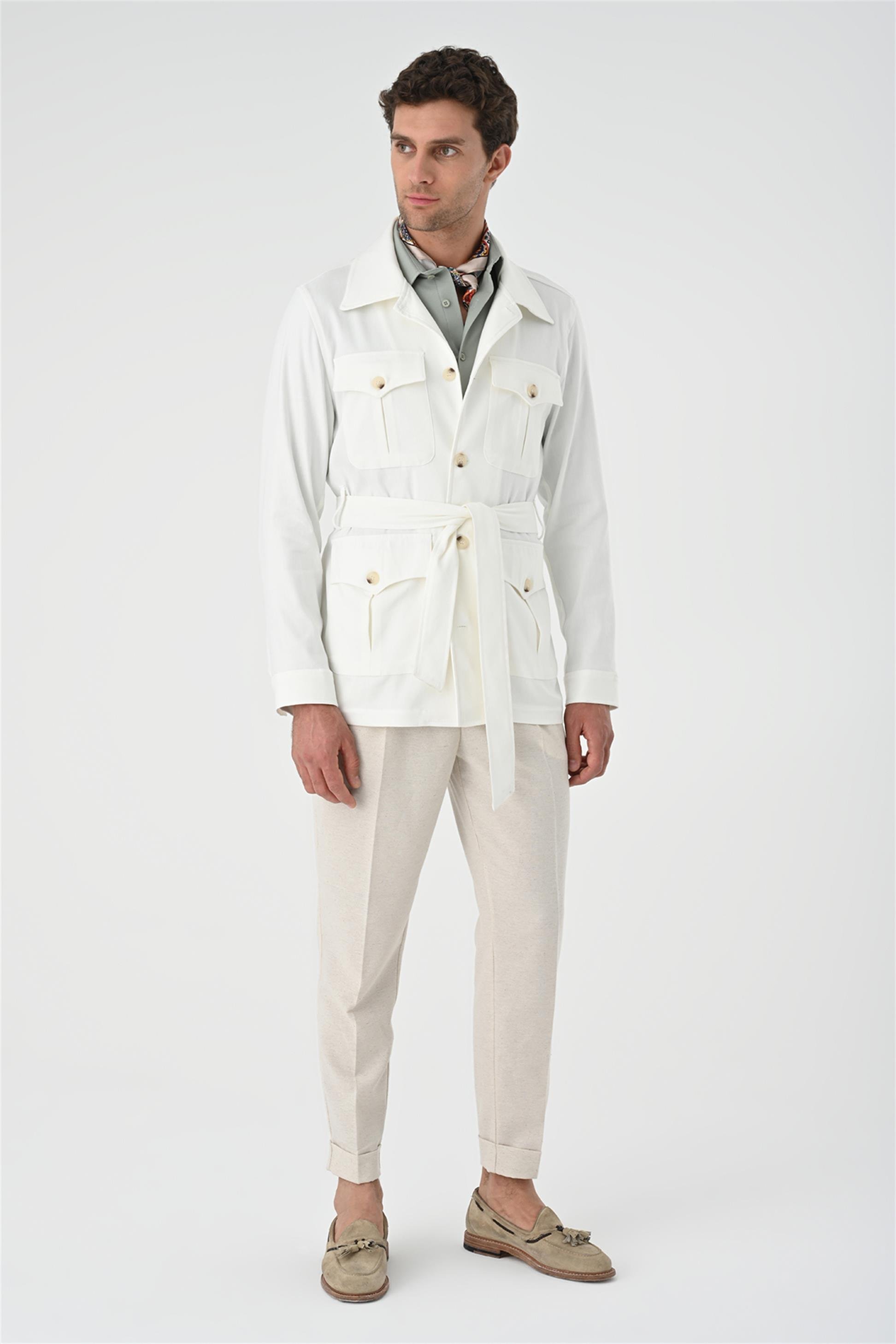 Antioch Men Ekru Beli Kuşaklı Erkek Mevsimlik Keten Mont