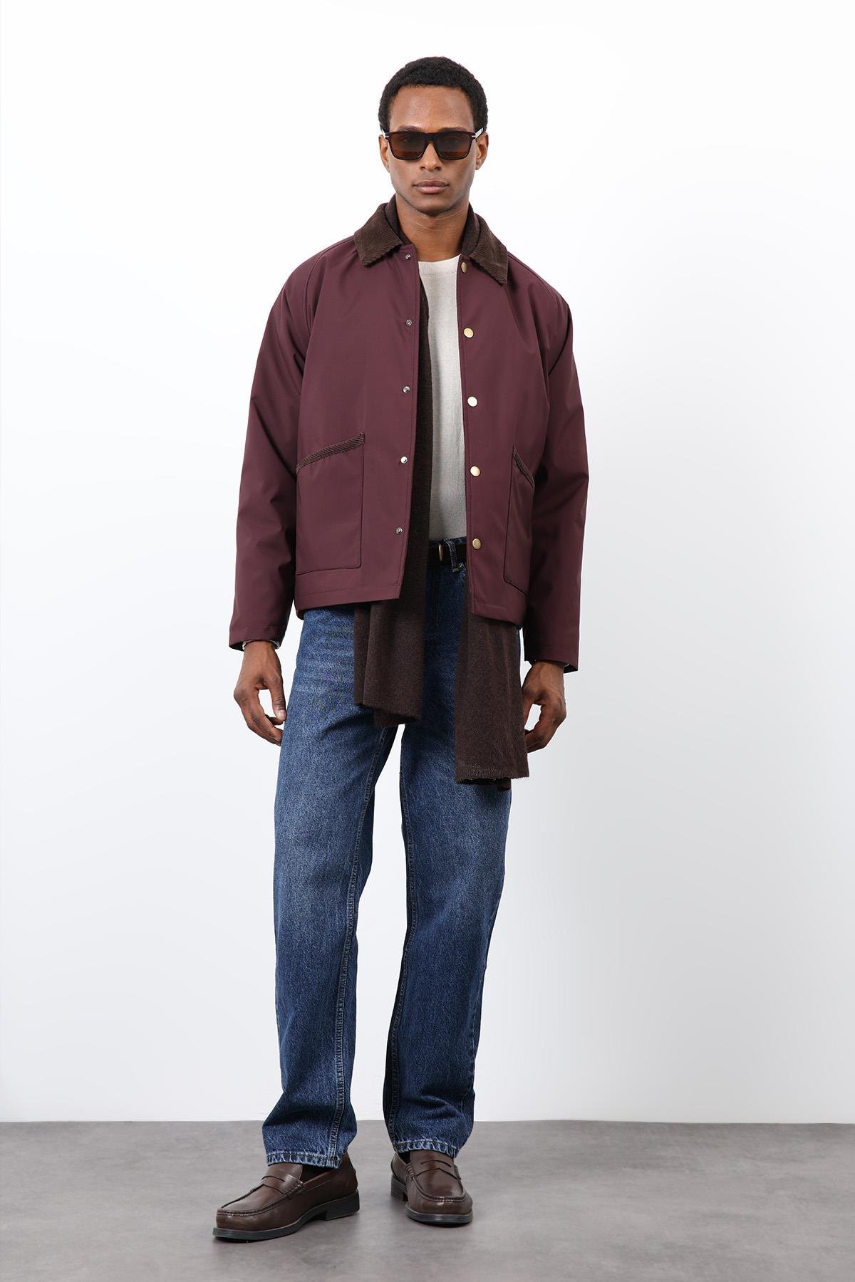 Antioch Bordo Kontrast Yaka Erkek Mont
