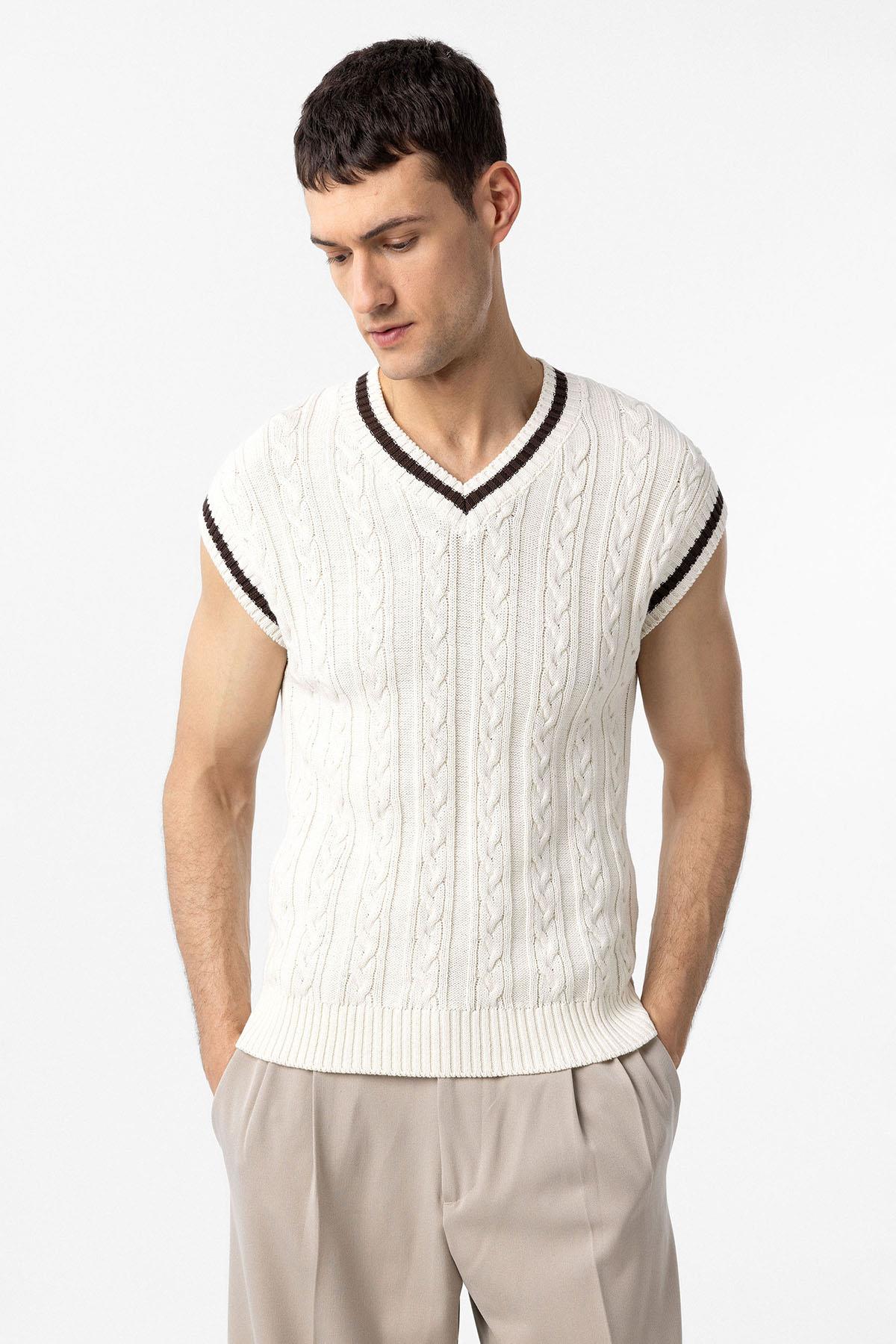 Antioch Ekru 100% Pamuk Örgü Erkek Yelek