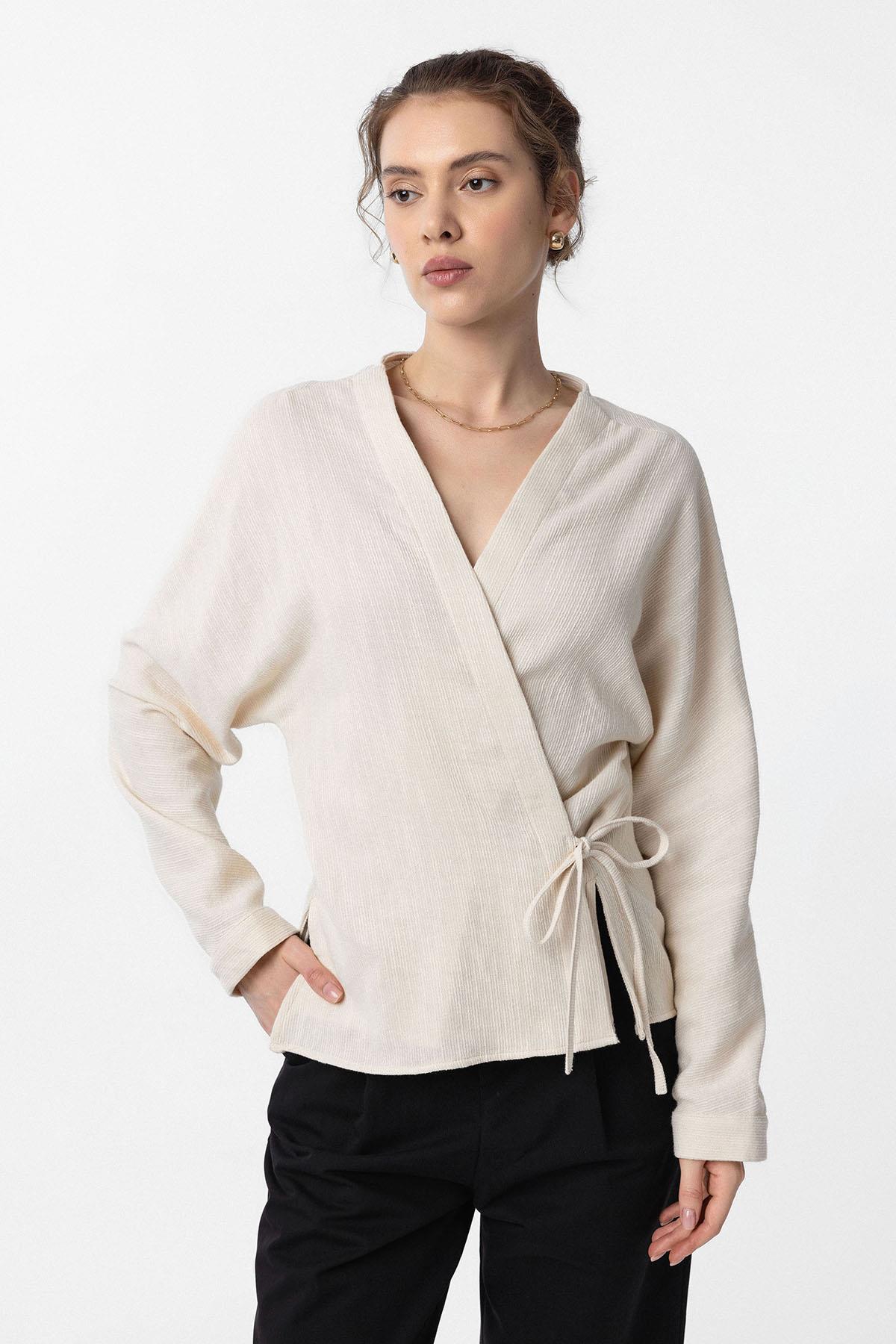 Antioch Ekru Bağlamalı Kimono Kadın Gömlek