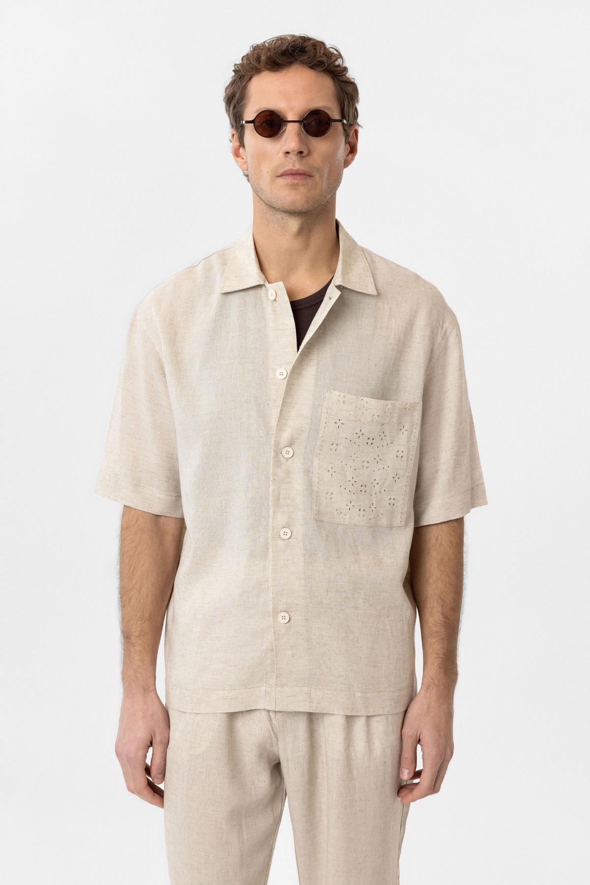Antioch Ekru Keten Karışımlı Kısa Kollu Erkek Gömlek