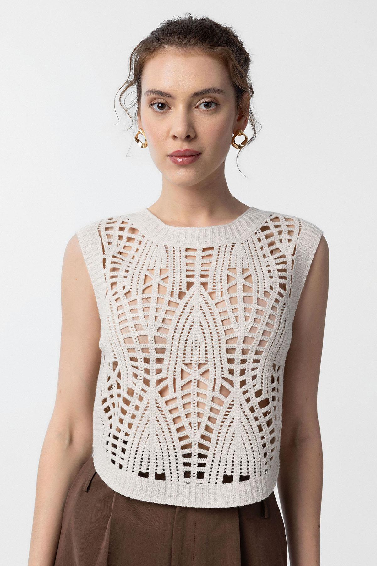 Antioch Ekru Örgü Detaylı Kadın Yelek