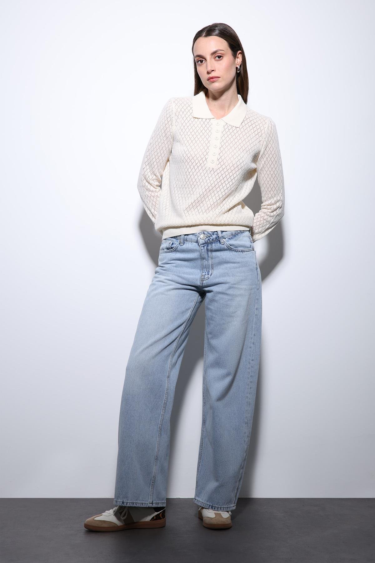 Antioch Ekru Polo Yaka Desenli Triko Kadın Kazak