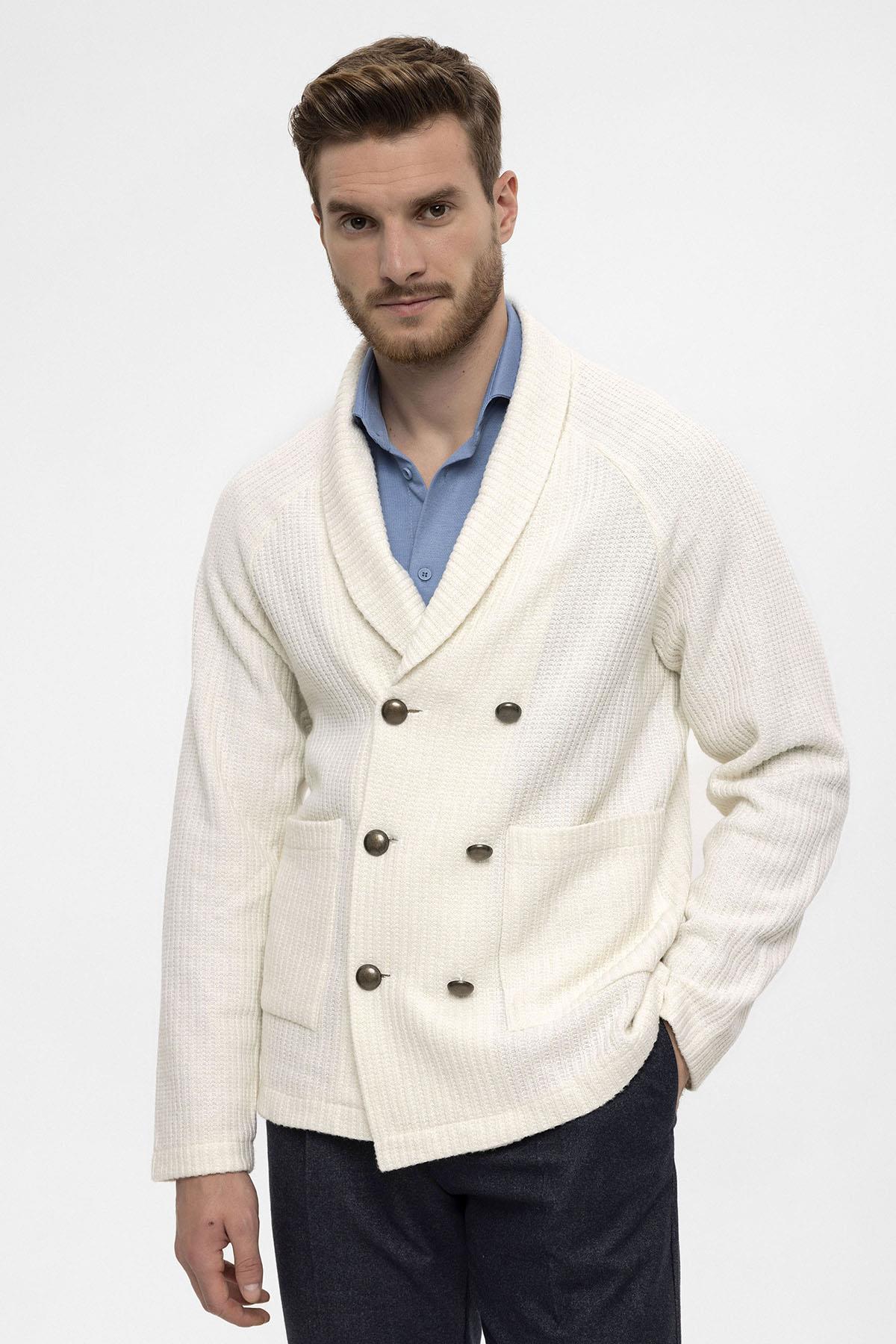 Antioch Ekru Şal Yaka Kruvaze Kapama Erkek Hırka