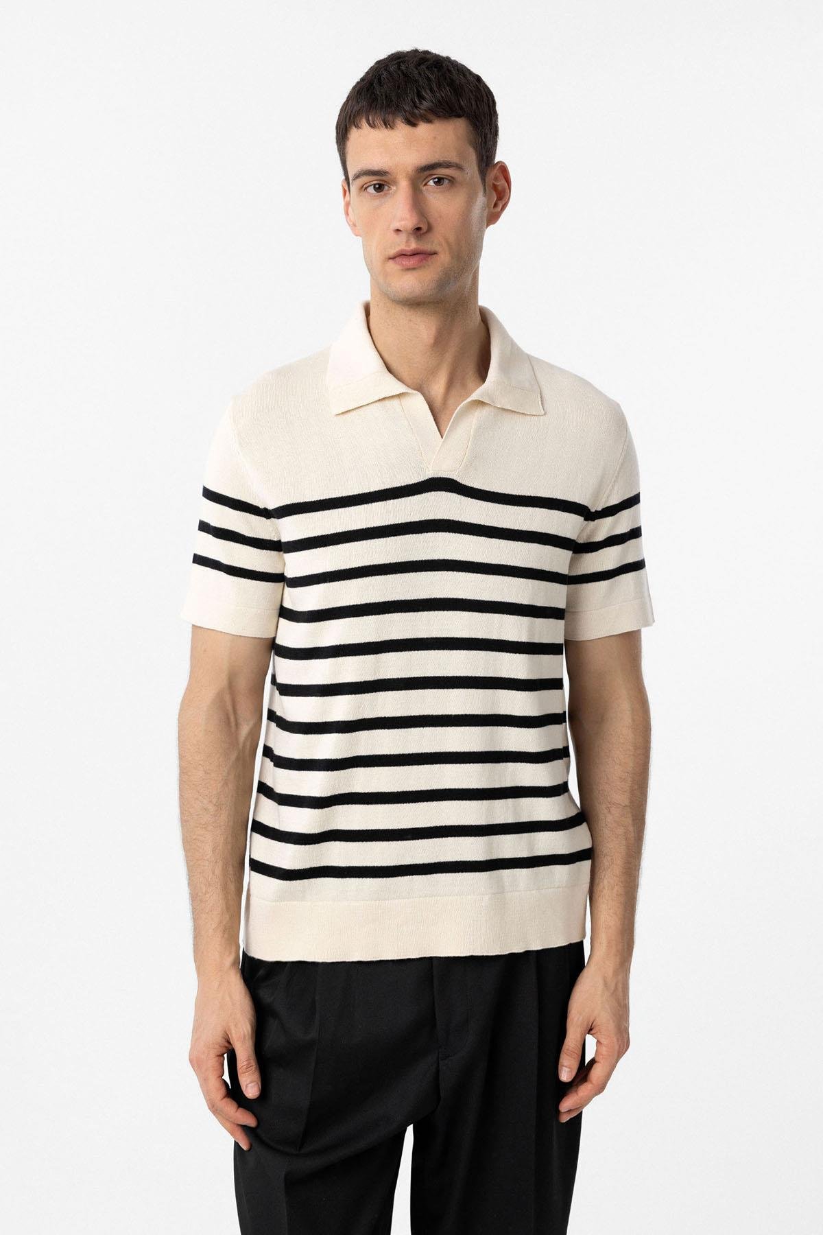 Antioch Ekru-Siyah Polo Yaka Çizgili Erkek Triko T-Shirt