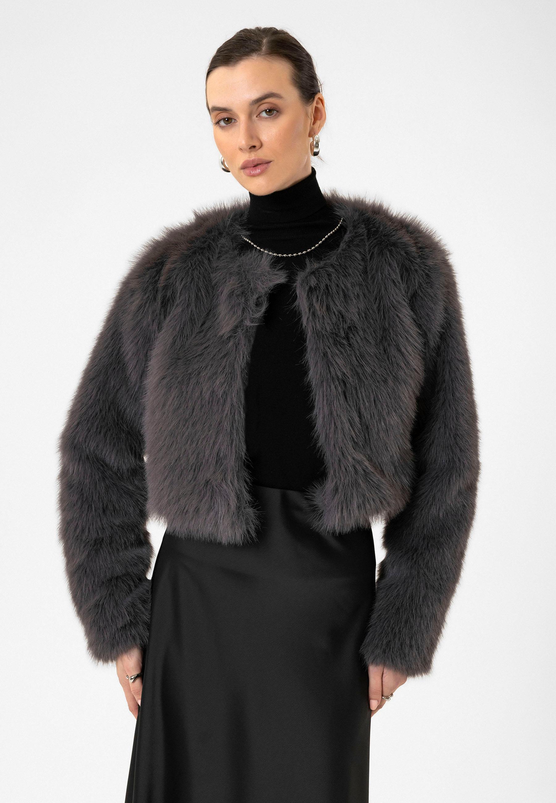 Antioch Gri Kadın Suni Kürk Crop Ceket