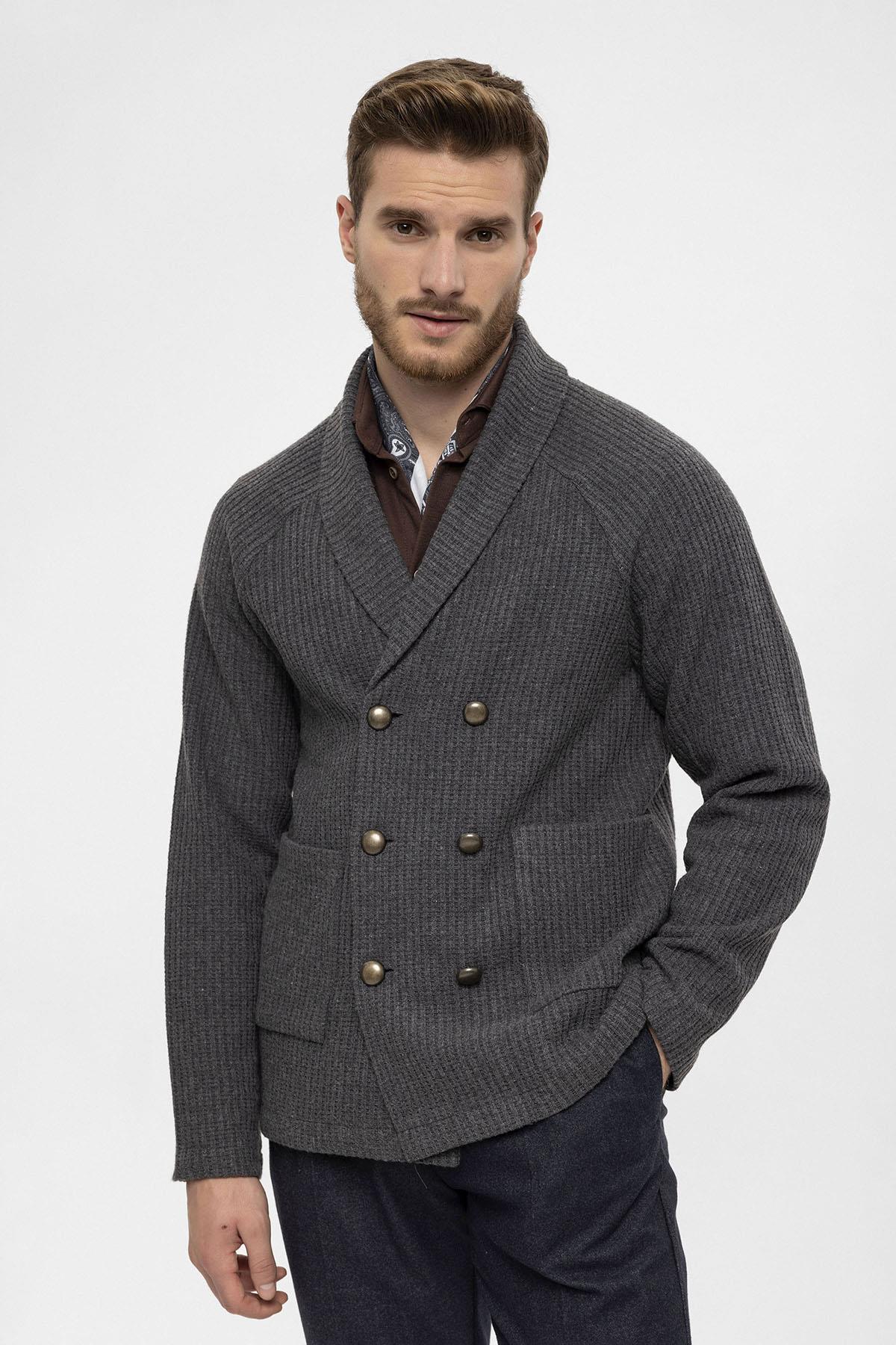 Antioch Gri Şal Yaka Kruvaze Kapama Erkek Hırka