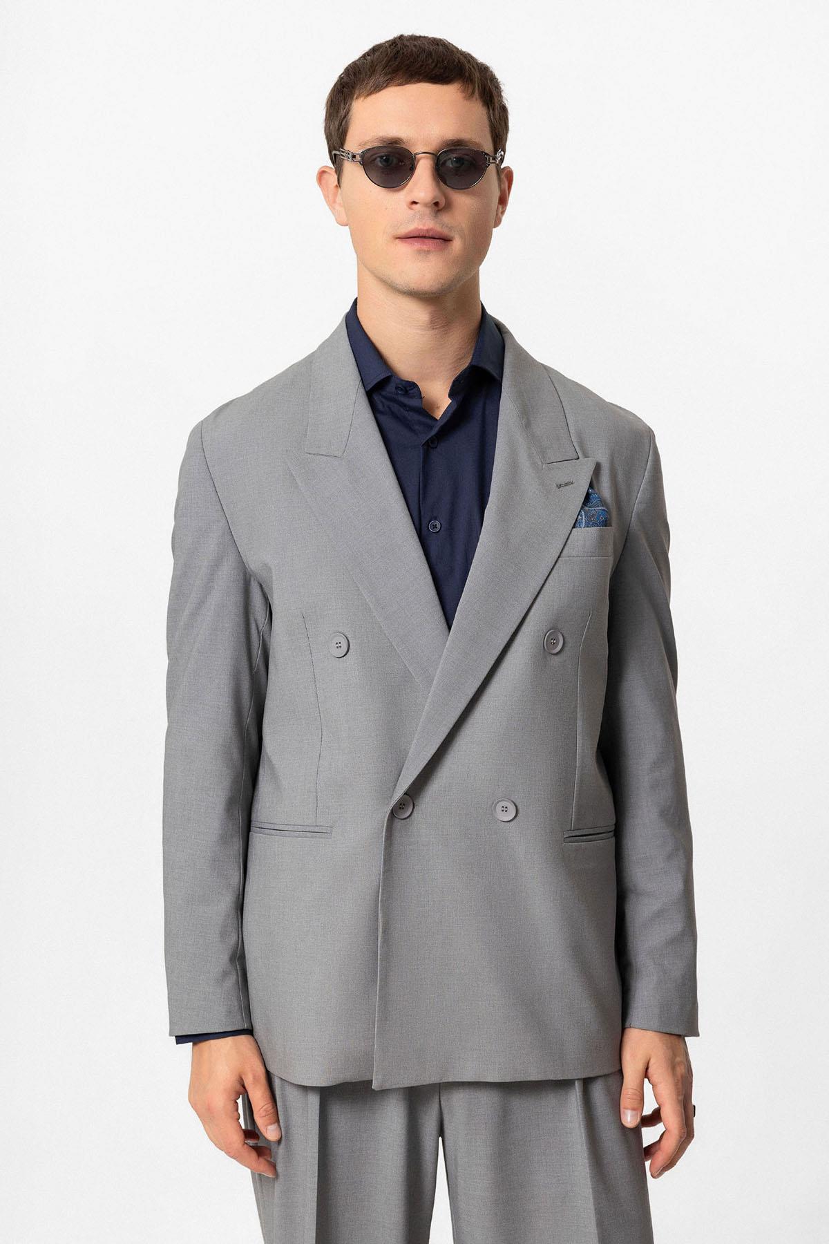 Antioch Gri Tek Düğme Kruvaze Erkek Blazer Ceket