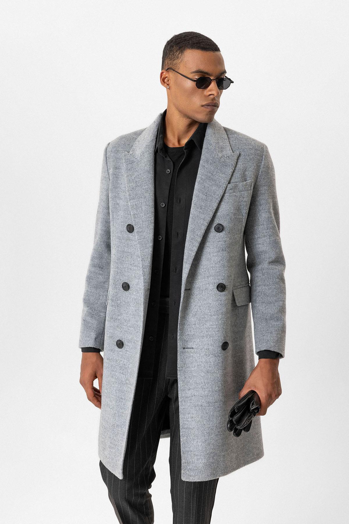 Antioch Gri Yün Karışımlı Kruvaze Erkek Kaban