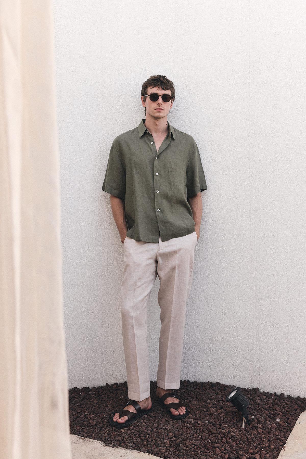 Antioch Haki 100% Keten Relaxed Erkek Gömlek