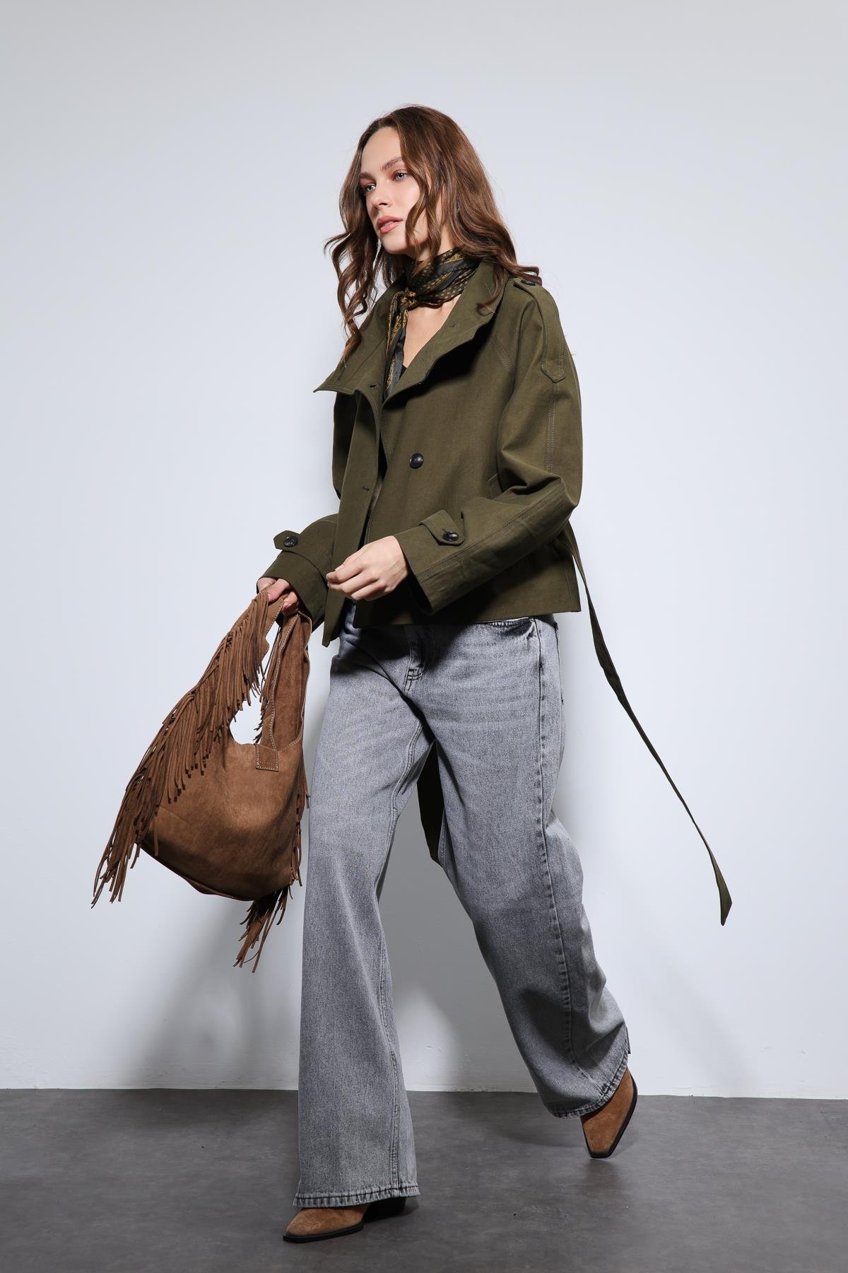 Antioch Haki Dik Yaka Kruvaze Trençkot