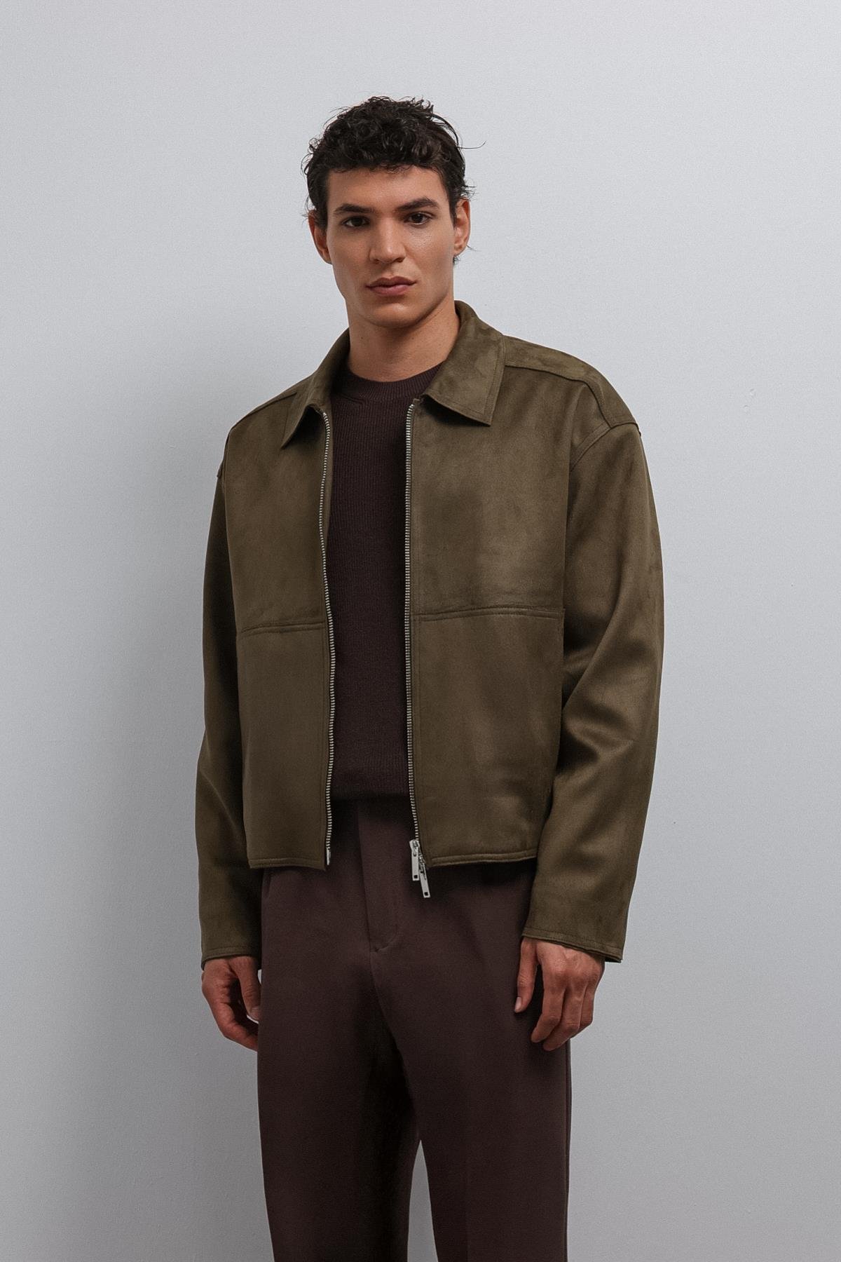 Antioch Haki Fermuarlı Suni Süet Erkek Mont