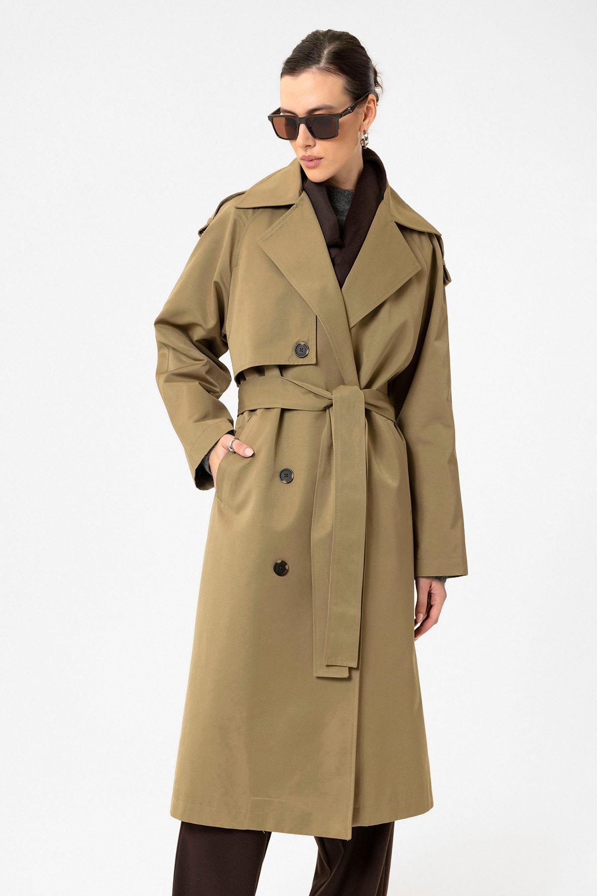 Antioch Haki Kadın Kemerli Uzun Trençkot