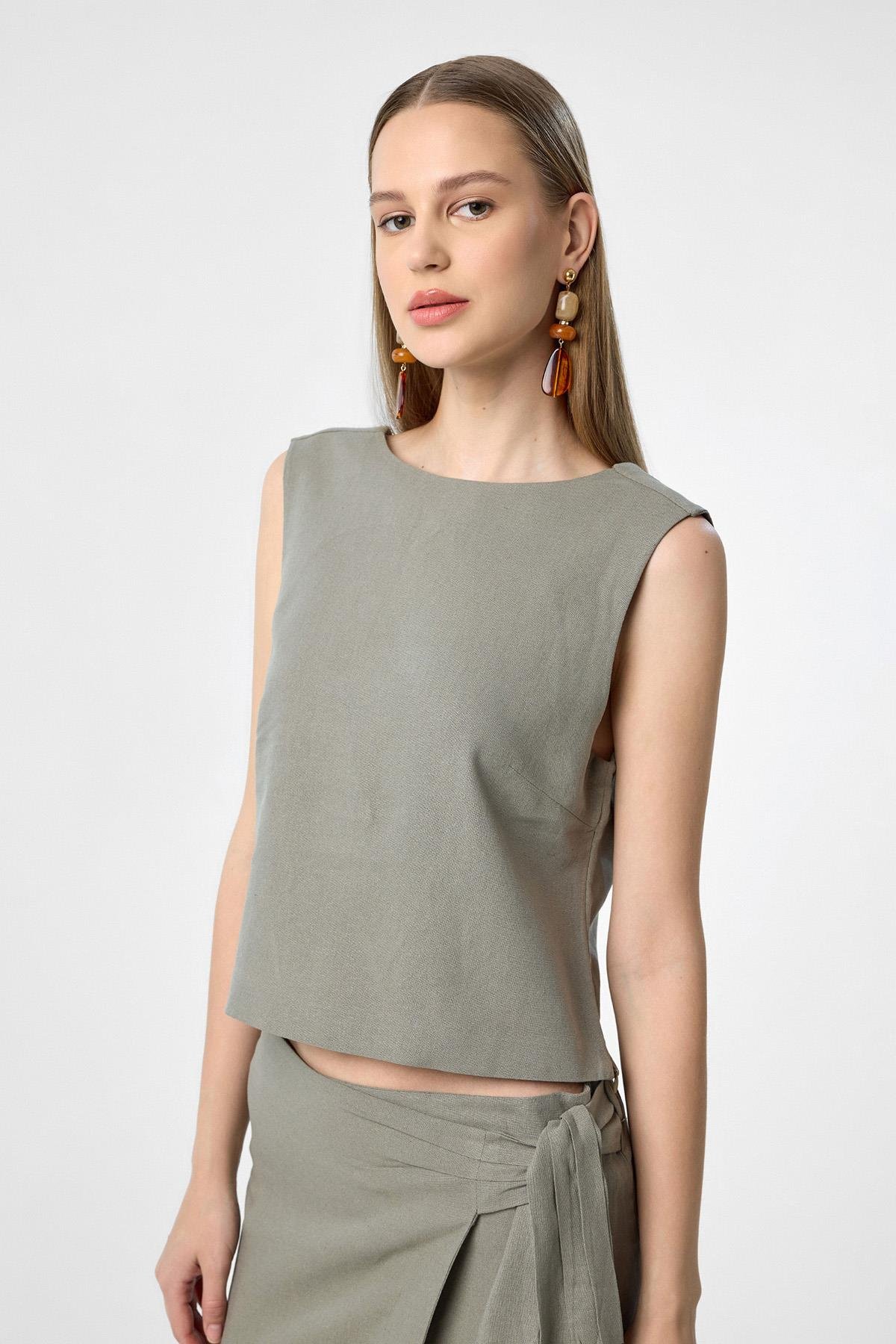 Antioch Haki Keten Karışımlı Kadın Bluz