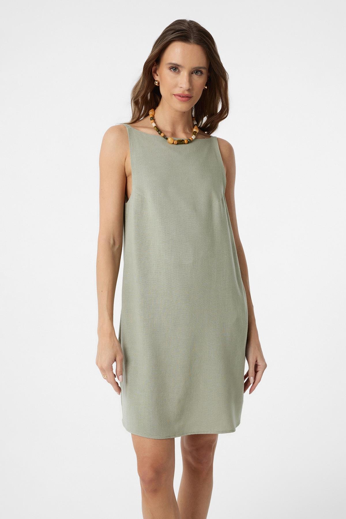 Antioch Haki Keten Karışımlı Kadın Mini Elbise