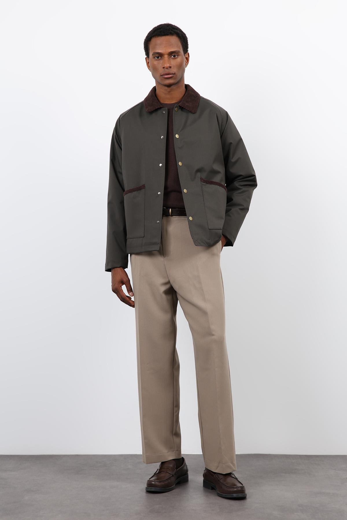 Antioch Haki Kontrast Yaka Erkek Mont