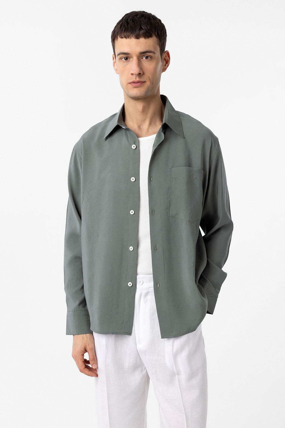 Antioch Haki Modal Kumaş Relax Fit Erkek Gömlek