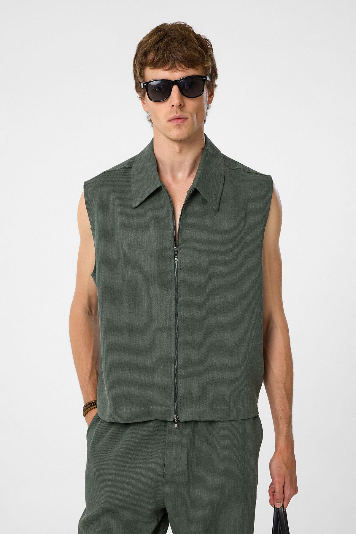 Antioch Haki Polo Yaka Dokulu Erkek Yelek