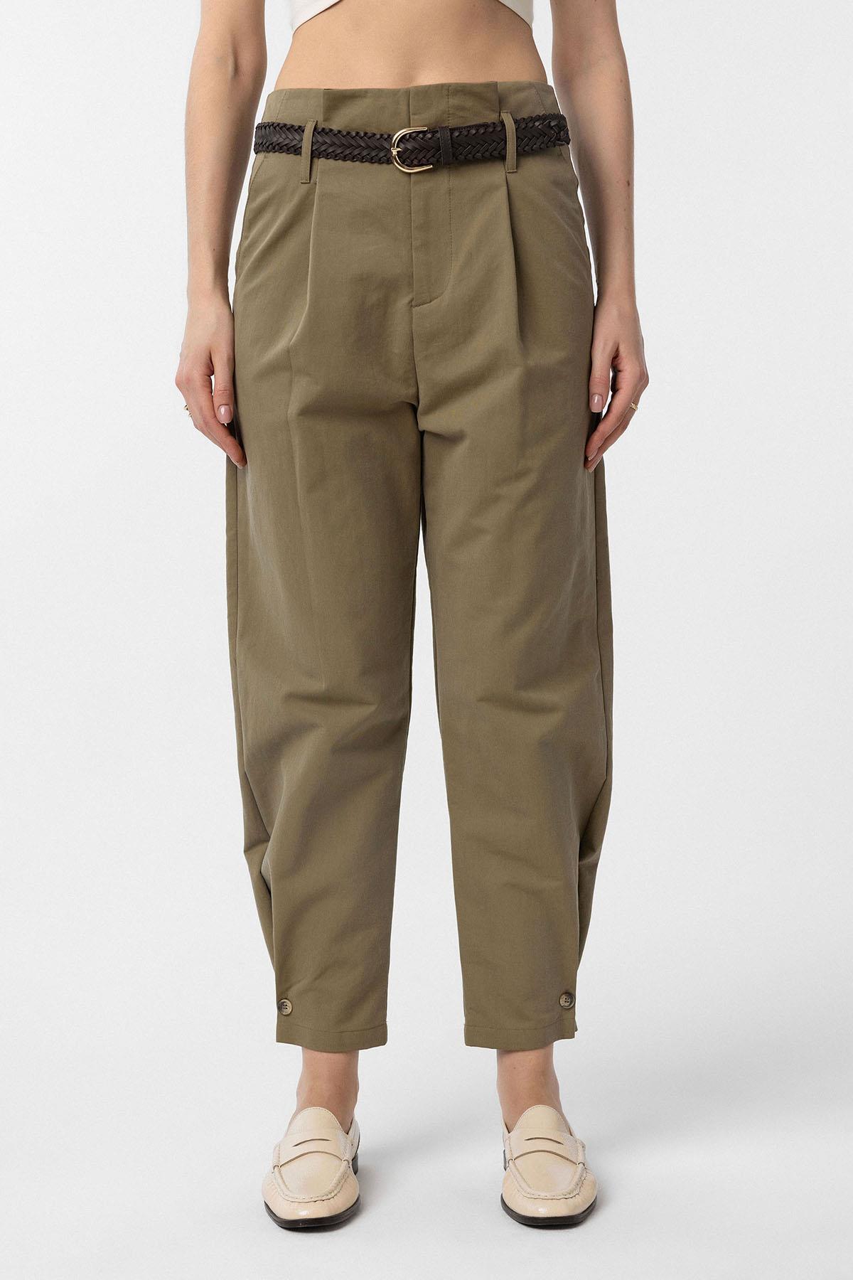Antioch Haki Yüksek Bel Paçası Düğmeli Fit Kadın Pantolon