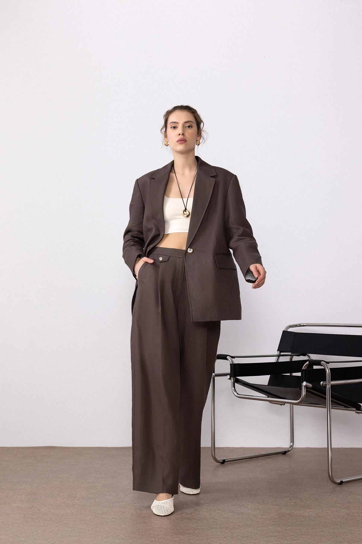 Antioch Kahve 100% Keten Kadın Blazer Ceket